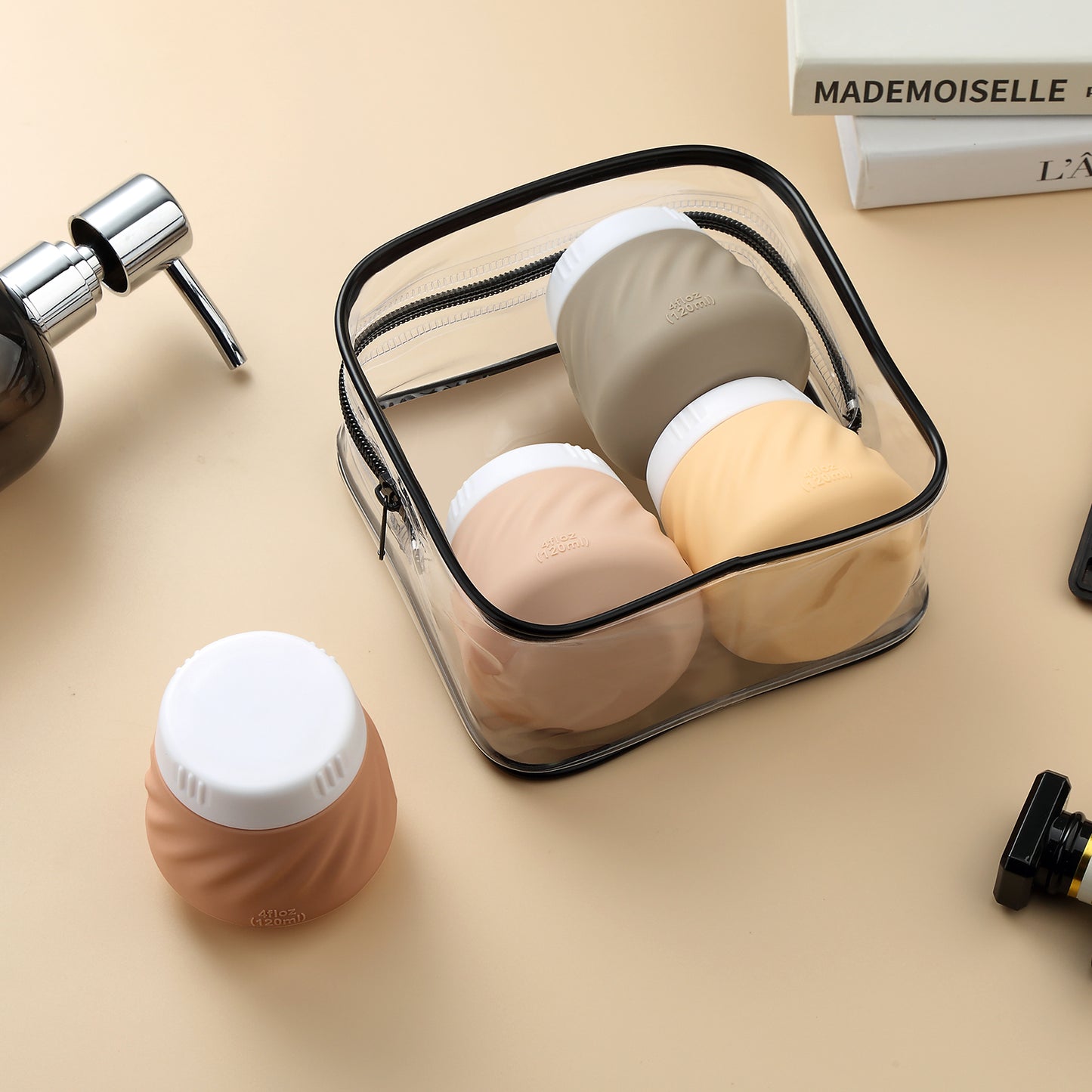 Mrsdry Travel Containers for Toiletries, Silicone Cream Jars TSA Approved Travel Size Containers with Clear Bag, Leak-proof Travel Accessories with Lid for Cosmetic Face Body Hand Cream (4 Pack)