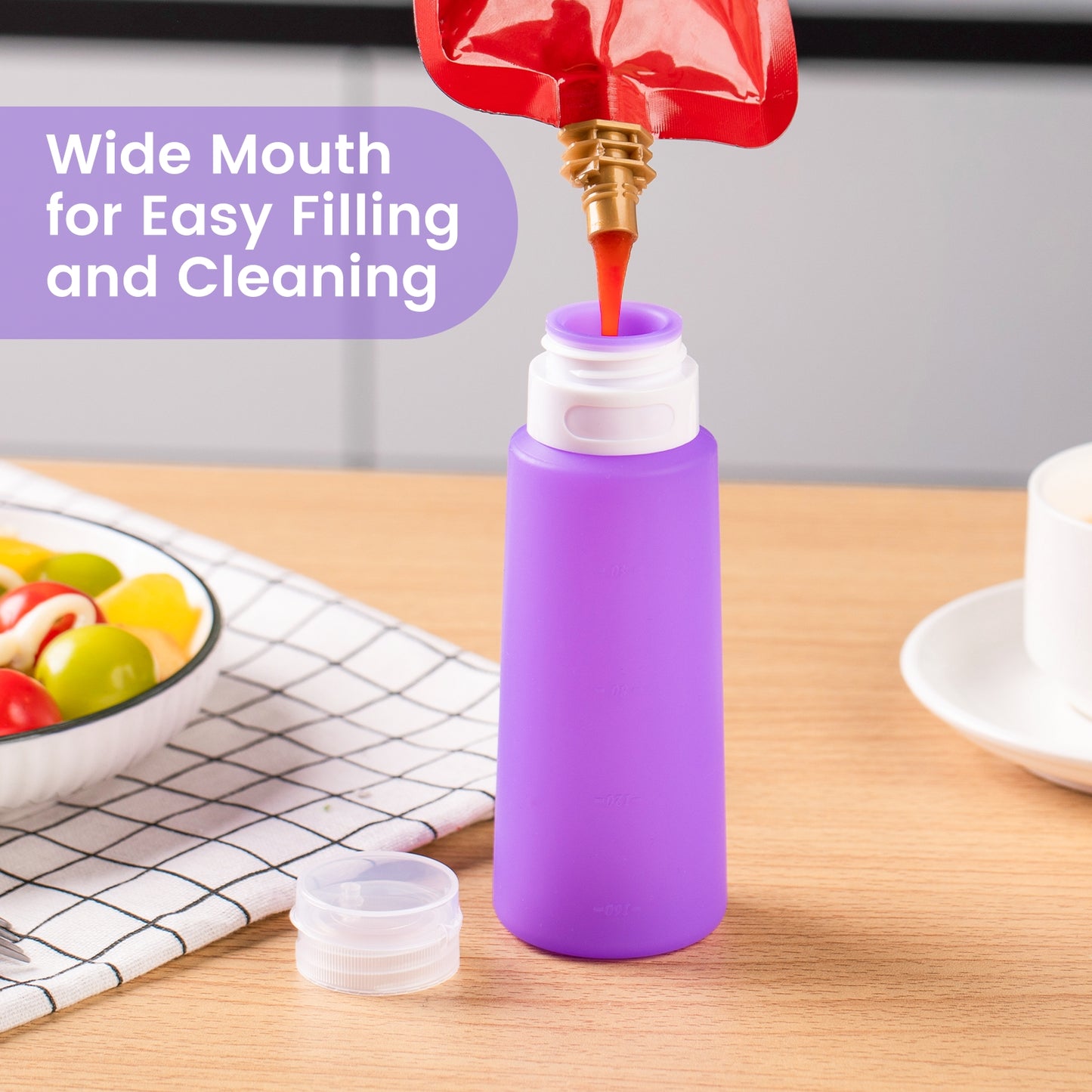 Mrsdry Condiment Squeeze Bottles for Sauces, 6-oz Small Silicone Salad Dressing Container to Go with Snack Storage Bag, Leakproof Sauce Bottles for Lunch Box, 4 Pack, Purple