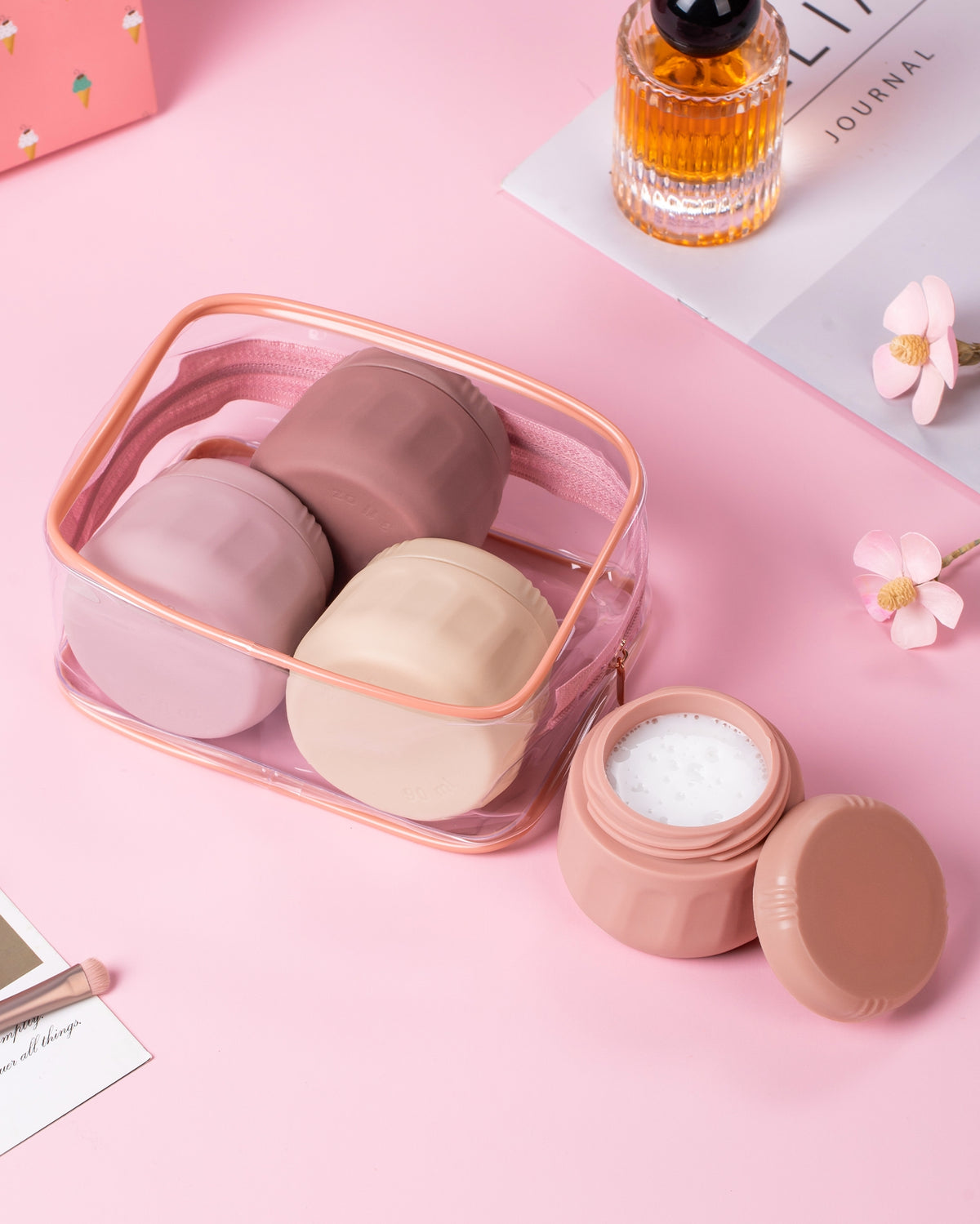 Mrsdry Travel Containers for Toiletries, TSA Approved Travel Size Toiletries 4 Pack, Refillable Containers, with Clear Bag, Leak Proof Silicone Jars, Essentials Creams Jars Carrying Small Items