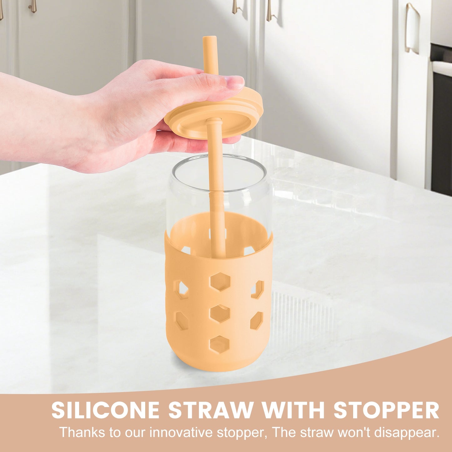 Mrsdry Glass Cups with Silicone Lids and Straws (4 Pcs), 16oz Drinking Glasses Set with Silicone Sleeves for Coffee Bar Accessories Iced Coffee Cups with Lids, Glass Tumbler Reusable for Gifts