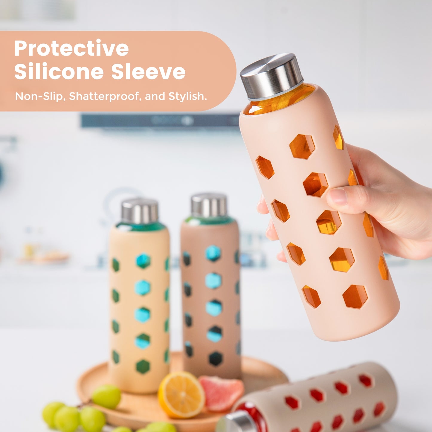 Glass Juice Bottles with Lids and Silicone Sleeves 18 oz, 4-Pack Reusable Clear Glass Water Bottles with Stainless Steel Airtight Cap for Juicing, Refrigerator, BPA Free Leak-Proof Drinking Jar