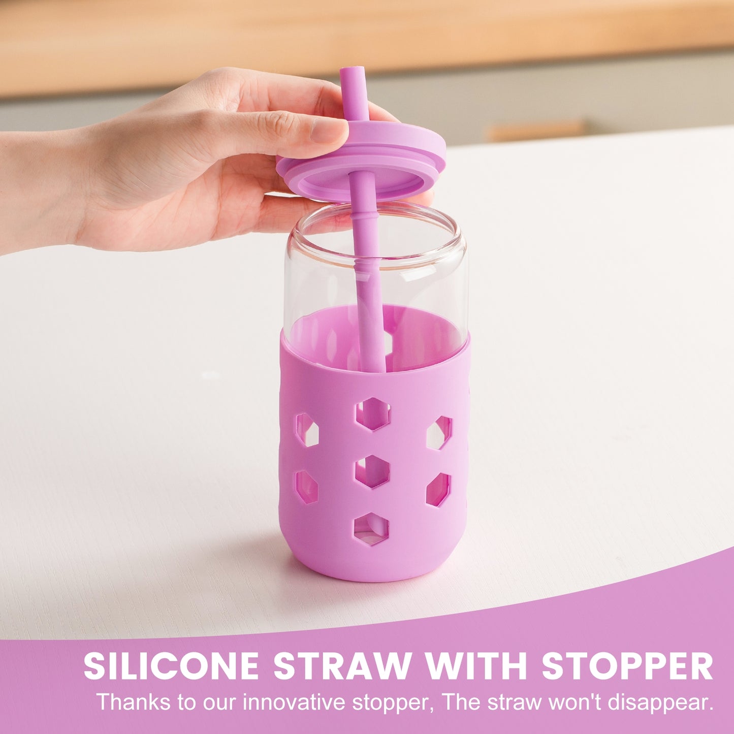 Mrsdry Glass Cups with Silicone Lids and Straws (4 Pcs), 16oz Drinking Glasses Set with Silicone Sleeves for Coffee Bar Accessories Iced Coffee Cups with Lids, Glass Tumbler Reusable for Gifts