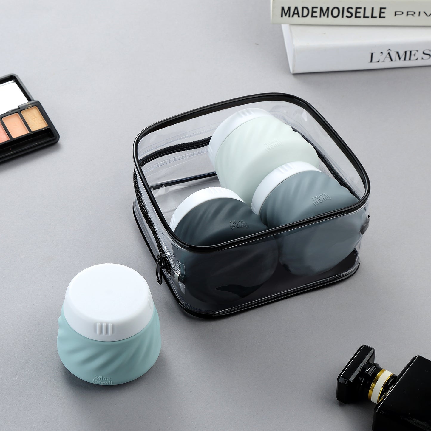 Mrsdry Travel Containers for Toiletries, Silicone Cream Jars TSA Approved Travel Size Containers with Clear Bag, Leak-proof Travel Accessories with Lid for Cosmetic Face Body Hand Cream (4 Pack)