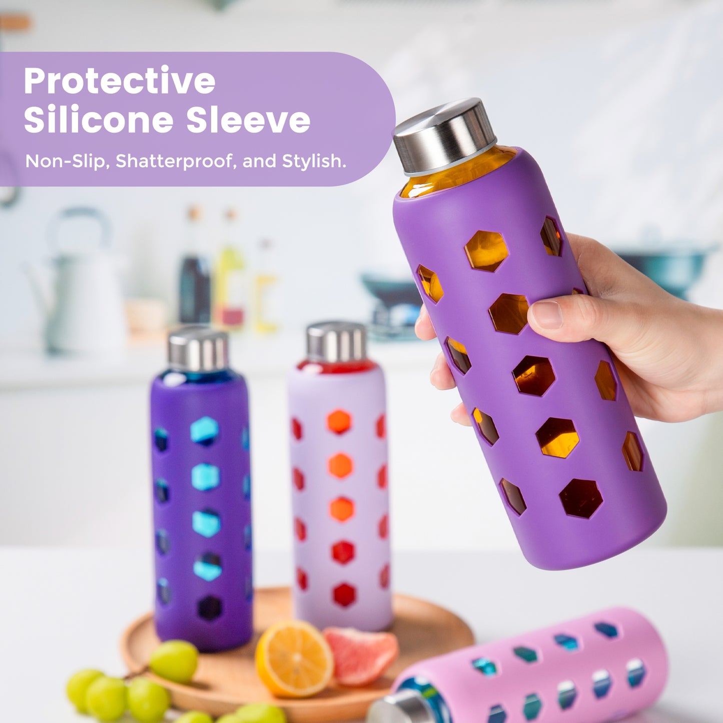 Glass Juice Bottles with Lids and Silicone Sleeves 18 oz, 4-Pack Reusable Clear Glass Water Bottles with Stainless Steel Airtight Cap for Juicing, Refrigerator, BPA Free Leak-Proof Drinking Jar