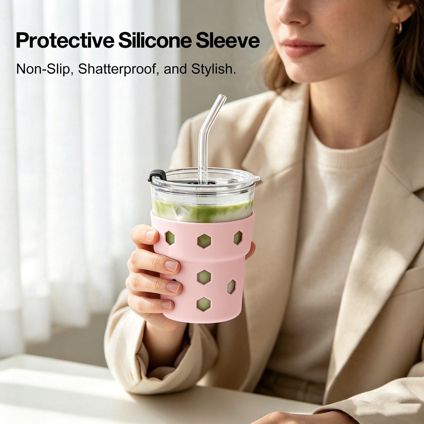 Mrsdry 12oz Iced Coffee Cup with Lids and Silicone Sleeves, Reusable Glass Tumbler with Straw, Leakproof Travel Glass Cups Fits Car Cup Holder for Cold and Hot Drinks