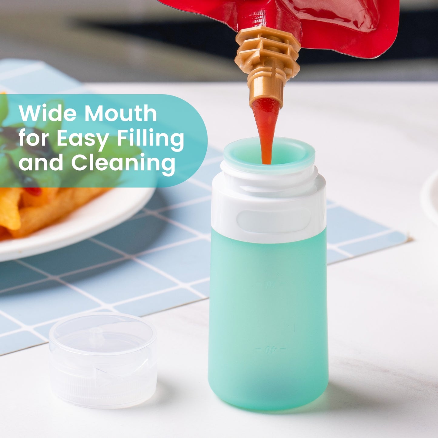Mrsdry Condiment Squeeze Bottles for Sauces, 2-oz Mini Silicone Salad Dressing Container to Go with Snack Storage Bag, Leakproof Sauce Bottles for Lunch Box, 4 Pack, Mint