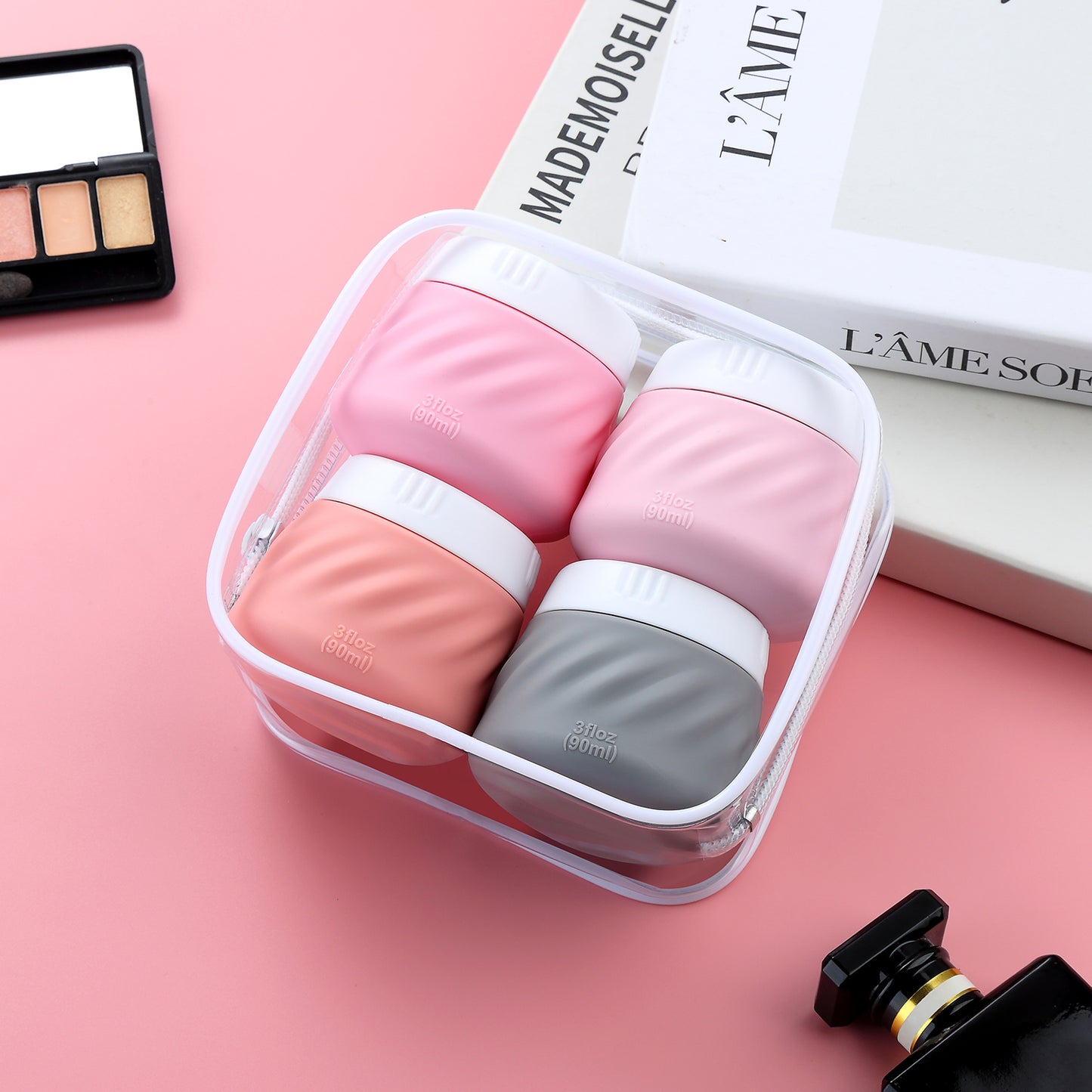 Mrsdry Travel Containers for Toiletries, Silicone Cream Jars TSA Approved Travel Size Containers with Clear Bag, Leak-proof Travel Accessories with Lid for Cosmetic Face Body Hand Cream (4 Pack)