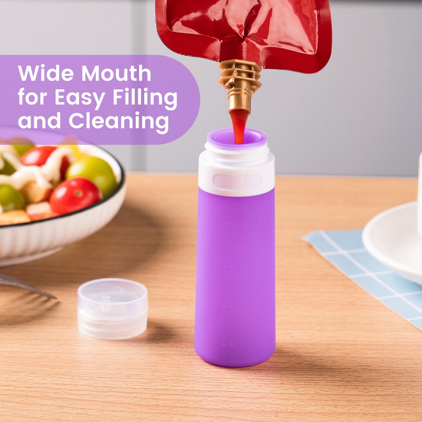 Mrsdry Condiment Squeeze Bottles for Sauces, 3-oz Mini Silicone Salad Dressing Container to Go with Snack Storage Bag, Leakproof Sauce Bottles for Lunch Box, 4 Pack, Purple