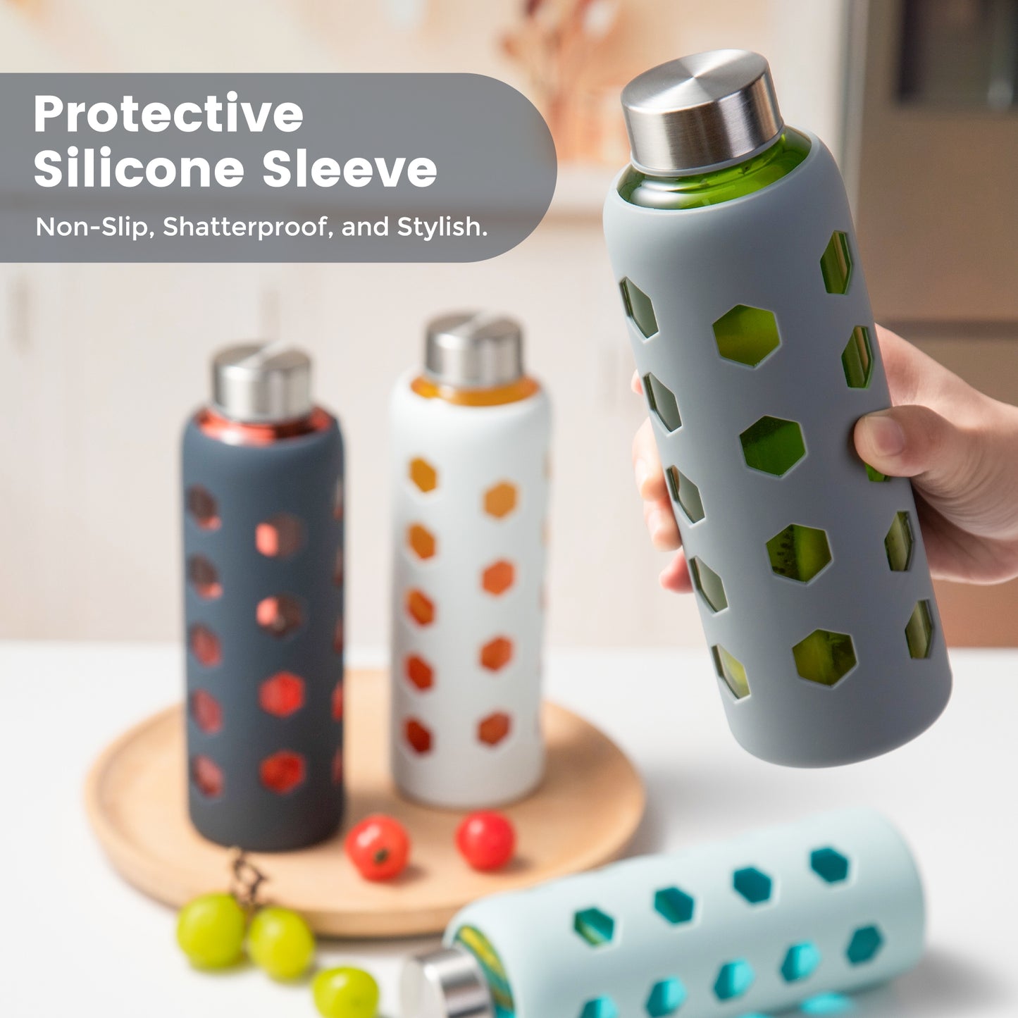 Glass Juice Bottles with Lids and Silicone Sleeves 18 oz, 4-Pack Reusable Clear Glass Water Bottles with Stainless Steel Airtight Cap for Juicing, Refrigerator, BPA Free Leak-Proof Drinking Jar