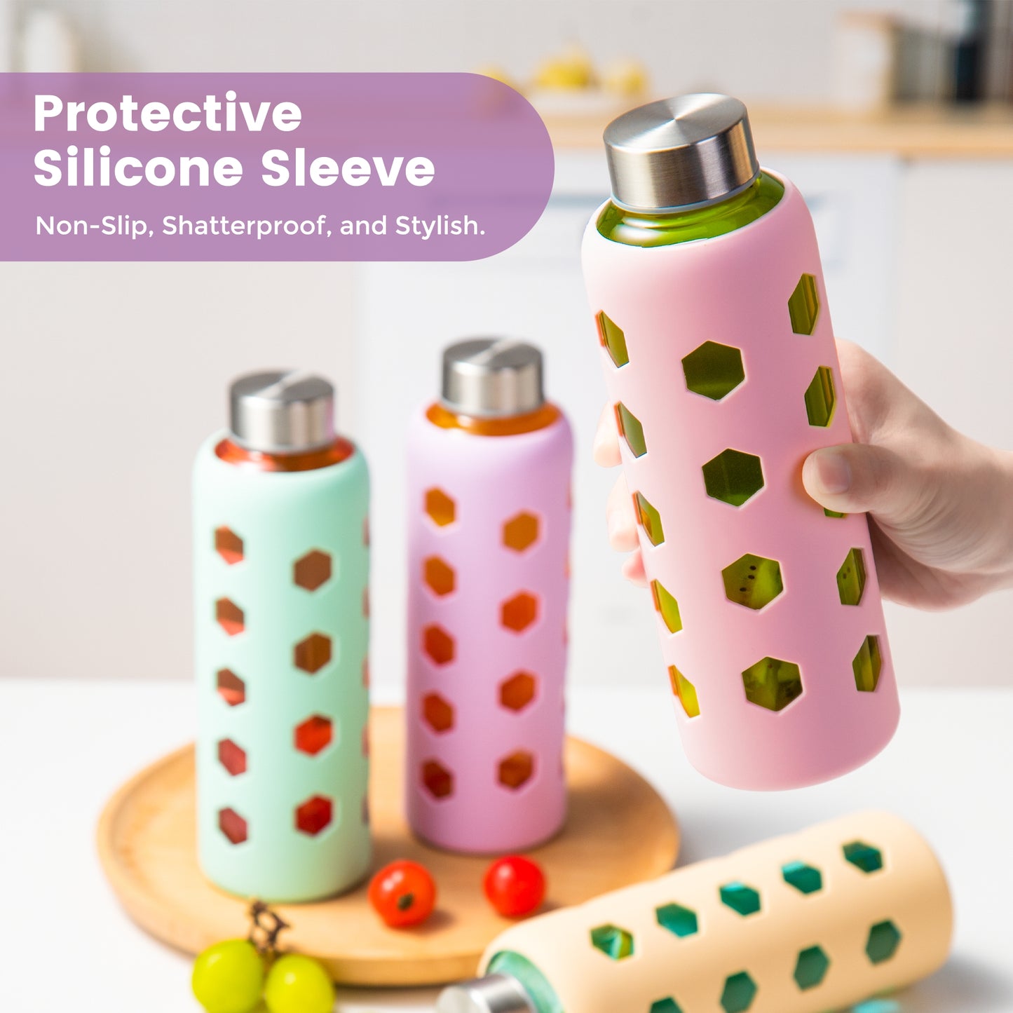 Glass Juice Bottles with Lids and Silicone Sleeves 18 oz, 4-Pack Reusable Clear Glass Water Bottles with Stainless Steel Airtight Cap for Juicing, Refrigerator, BPA Free Leak-Proof Drinking Jar