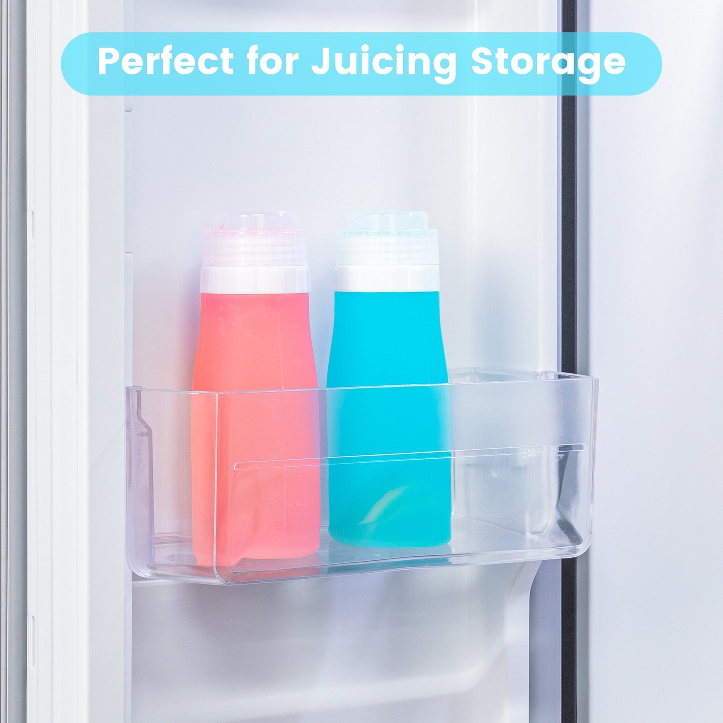 16 oz Silicone Juice Bottles with Caps, 2-Pack Reusable Juice Containers With Airtight Lids for Fridge, Shatterproof, Leak-Proof, Lightweight Slim Water Bottle for Juicing - Dishwasher Safe