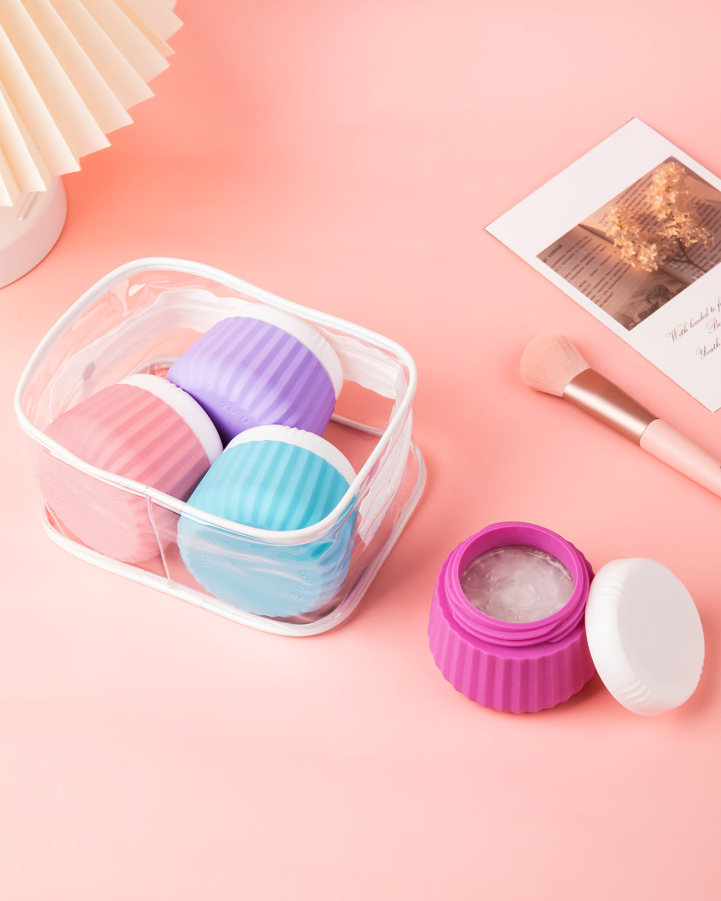 Mrsdry Travel Containers for Toiletries 4 Pack, TSA Approved Travel Size Toiletries, Travel Size Containers, With Clear Bag Leak Proof Silicone Jars, Travel Essentials Creams Jars Carrying Small Item