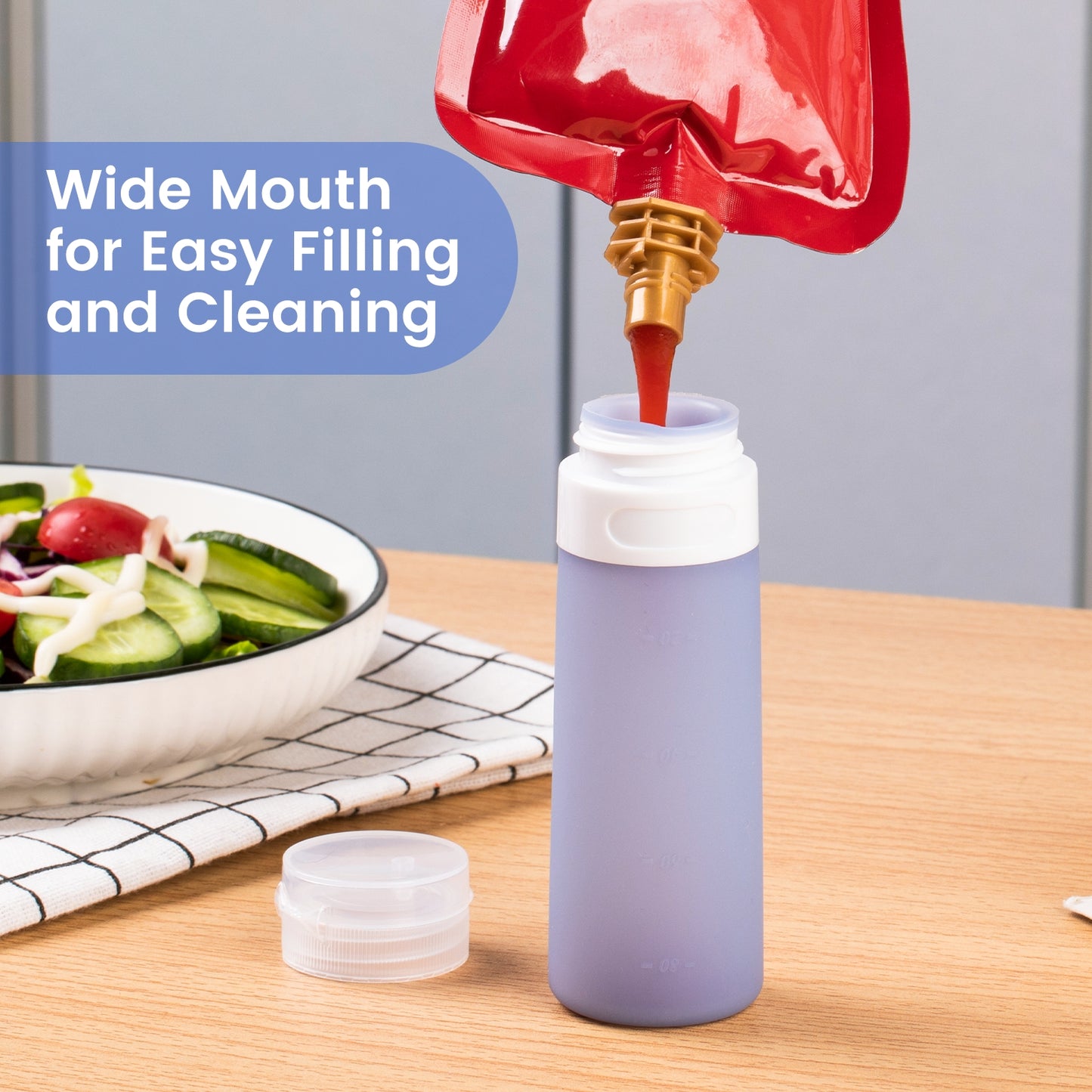 Mrsdry Condiment Squeeze Bottles for Sauces, 3-oz Mini Silicone Salad Dressing Container to Go with Snack Storage Bag, Leakproof Sauce Bottles for Lunch Box, 4 Pack, Blue