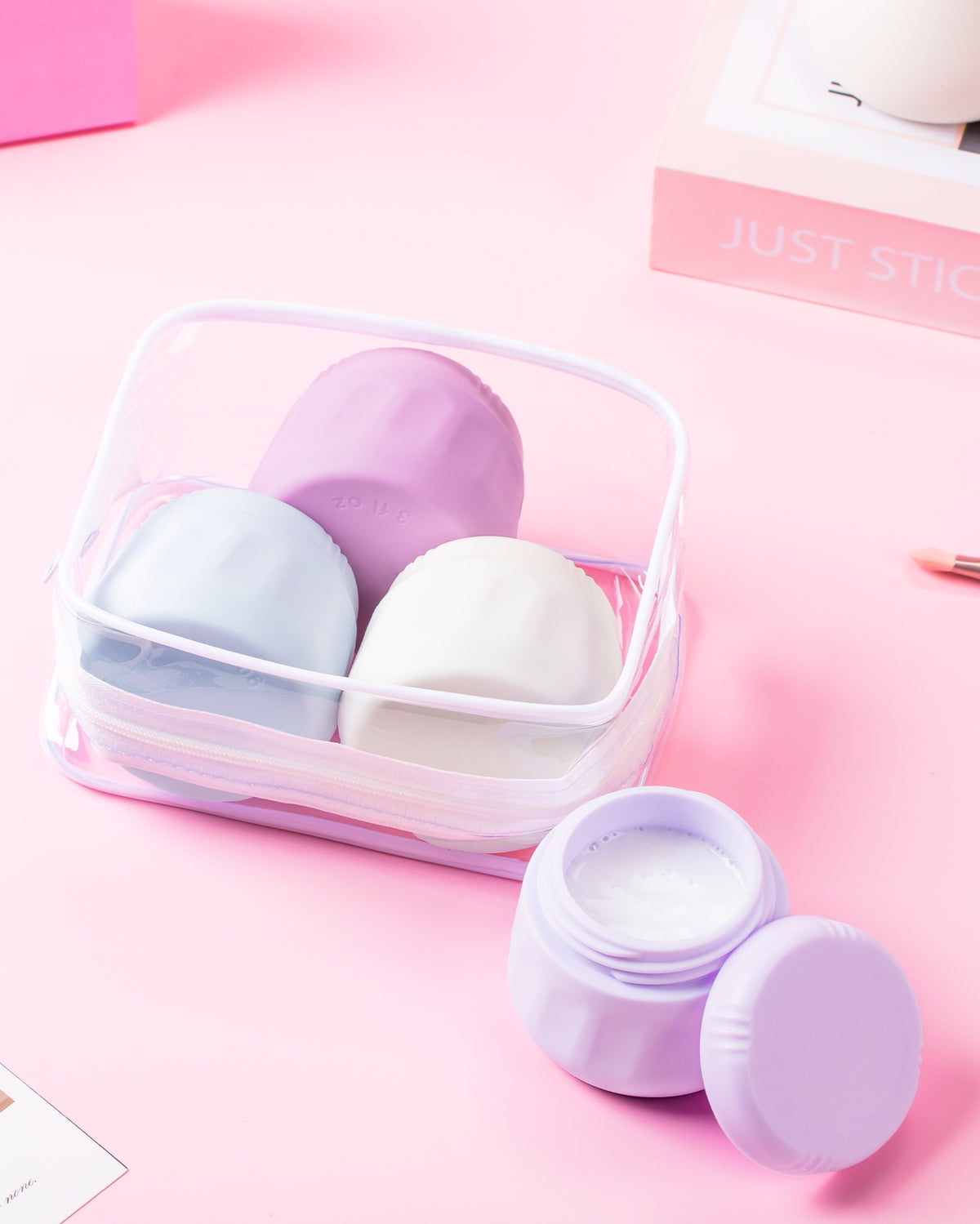 Mrsdry Travel Containers for Toiletries, TSA Approved Travel Size Toiletries 4 Pack, Refillable Containers, with Clear Bag, Leak Proof Silicone Jars, Essentials Creams Jars Carrying Small Items