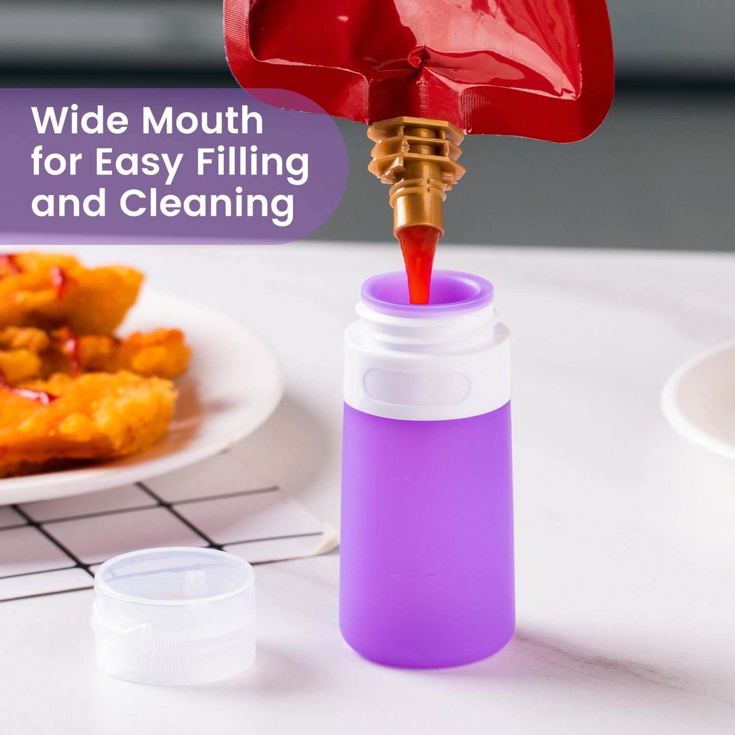 Mrsdry Condiment Squeeze Bottles for Sauces, 2-oz Mini Silicone Salad Dressing Container to Go with Snack Storage Bag, Leakproof Sauce Bottles for Lunch Box, 4 Pack, Purple
