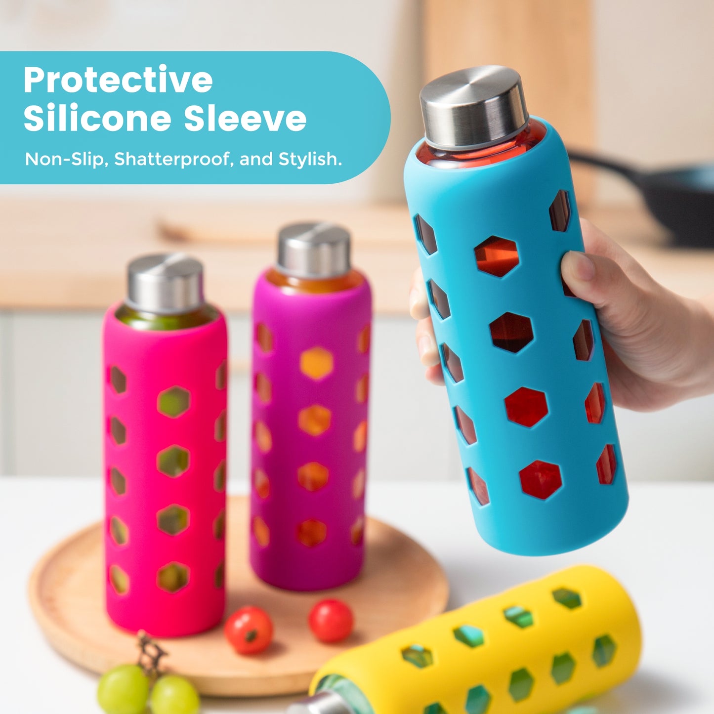 Glass Juice Bottles with Lids and Silicone Sleeves 18 oz, 4-Pack Reusable Clear Glass Water Bottles with Stainless Steel Airtight Cap for Juicing, Refrigerator, BPA Free Leak-Proof Drinking Jar