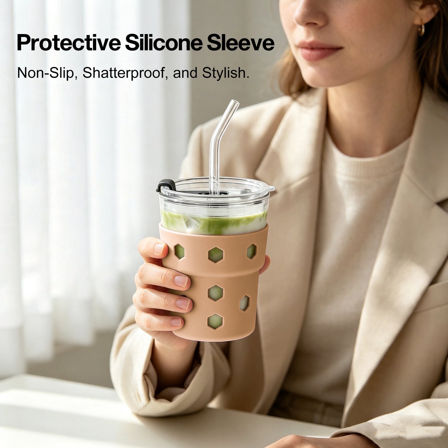 Mrsdry 12oz Iced Coffee Cup with Lids and Silicone Sleeves, Reusable Glass Tumbler with Straw, Leakproof Travel Glass Cups Fits Car Cup Holder for Cold and Hot Drinks