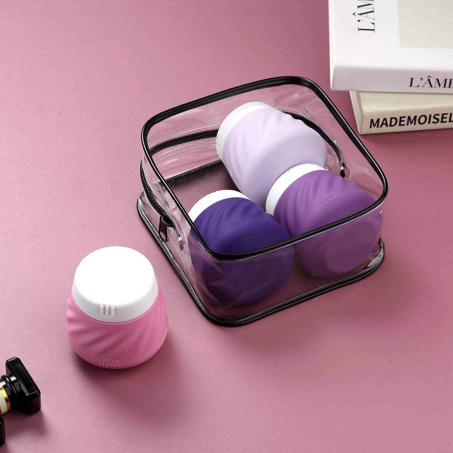 Mrsdry Travel Containers for Toiletries, Silicone Cream Jars TSA Approved Travel Size Containers with Clear Bag, Leak-proof Travel Accessories with Lid for Cosmetic Face Body Hand Cream (4 Pack)