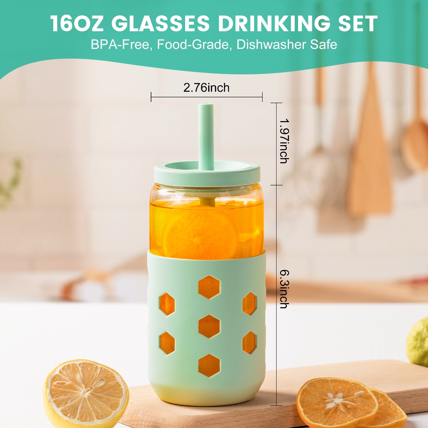 Mrsdry Glass Cups with Silicone Lids and Straws (4 Pcs), 16oz Drinking Glasses Set with Silicone Sleeves for Coffee Bar Accessories Iced Coffee Cups with Lids, Glass Tumbler Reusable for Gifts