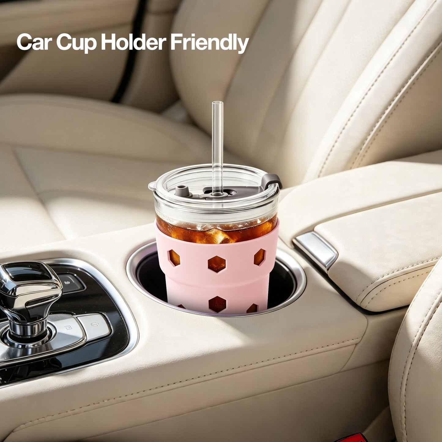 Mrsdry 12oz Iced Coffee Cup with Lids and Silicone Sleeves, Reusable Glass Tumbler with Straw, Leakproof Travel Glass Cups Fits Car Cup Holder for Cold and Hot Drinks