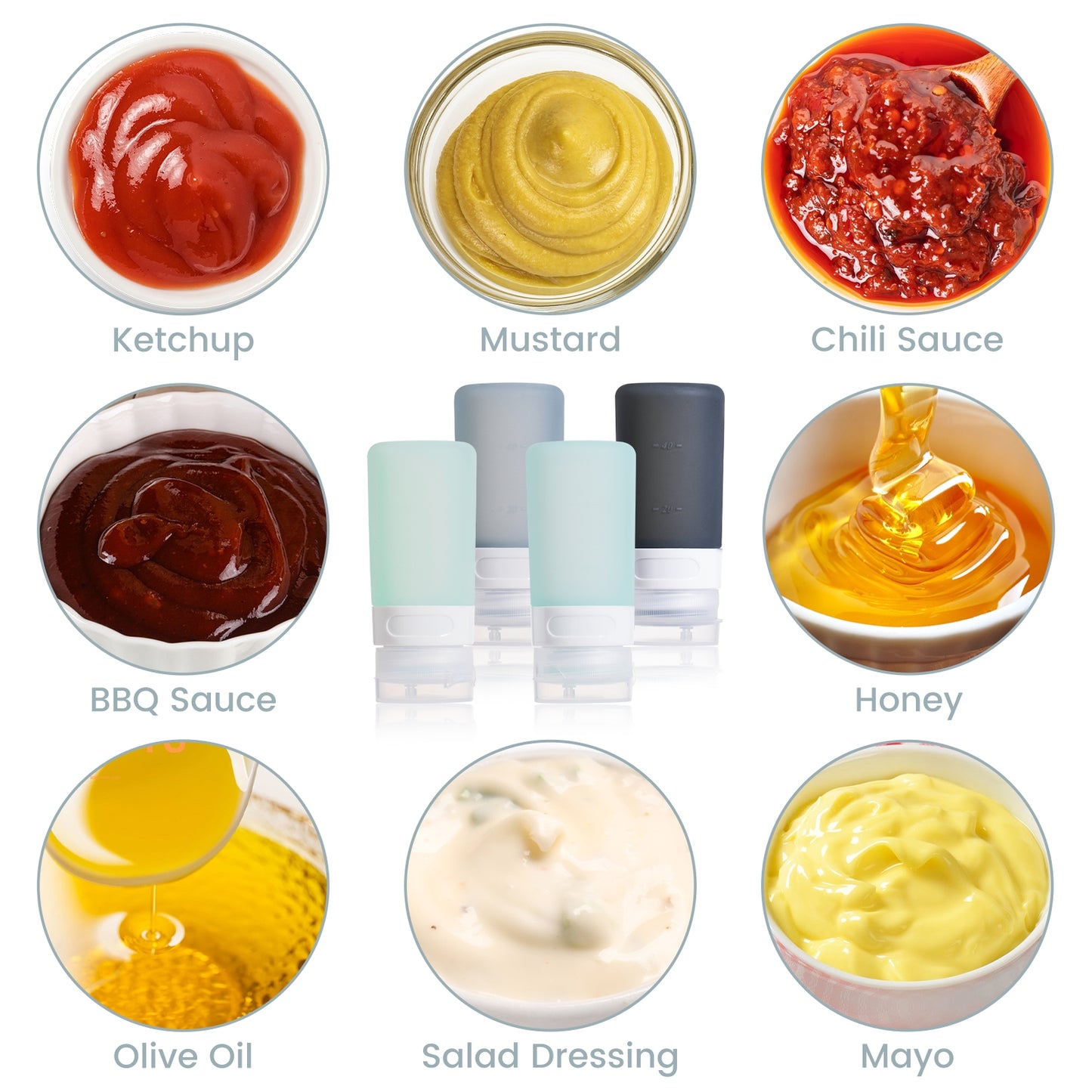 Mrsdry Condiment Squeeze Bottles for Sauces, 2-oz Mini Silicone Salad Dressing Container to Go with Reusable Sandwich Bag, Leakproof Ketchup Bottle for Bento Lunch Box, 4 Pack, Gray