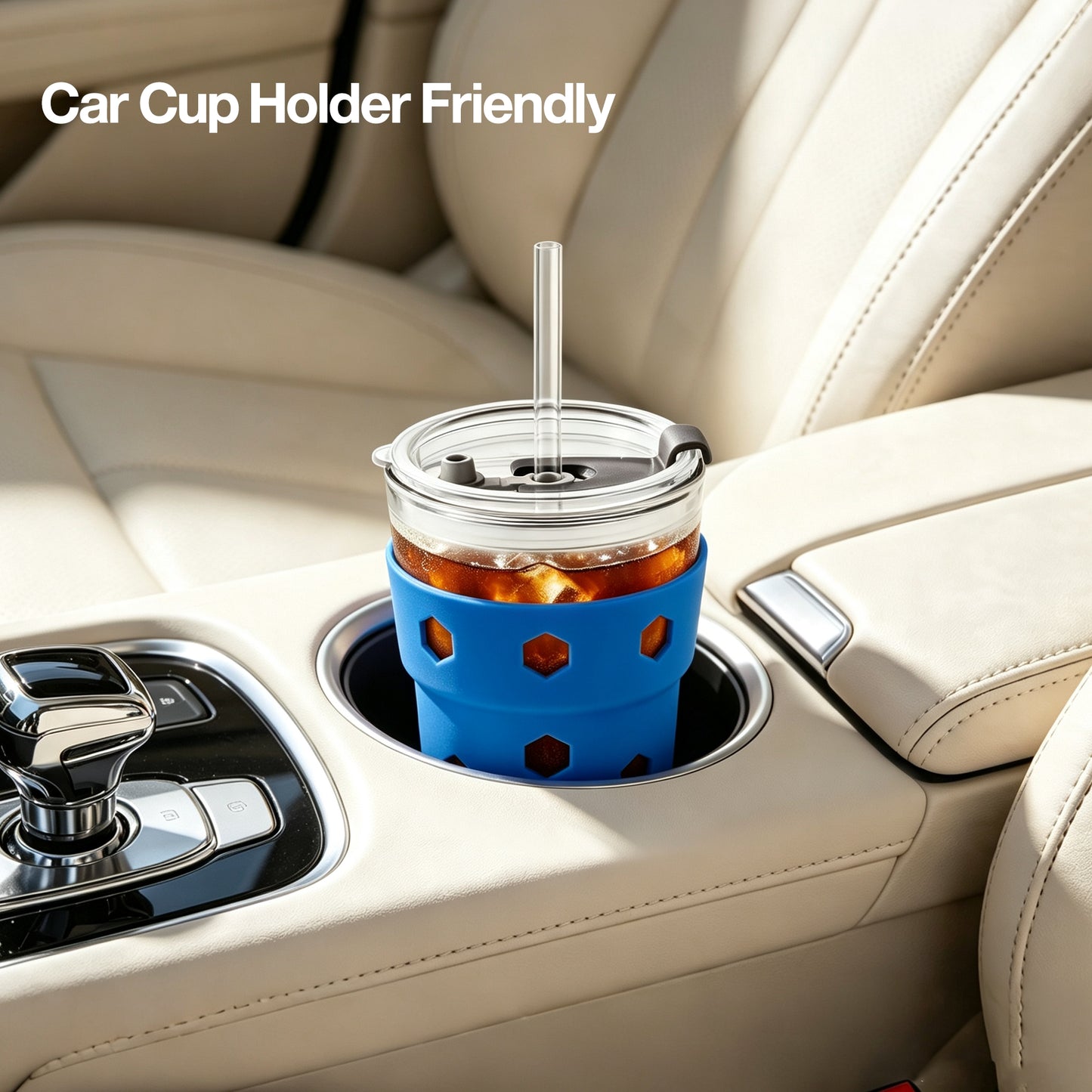 Mrsdry 12oz Iced Coffee Cup with Lids and Silicone Sleeves, Reusable Glass Tumbler with Straw, Leakproof Travel Glass Cups Fits Car Cup Holder for Cold and Hot Drinks