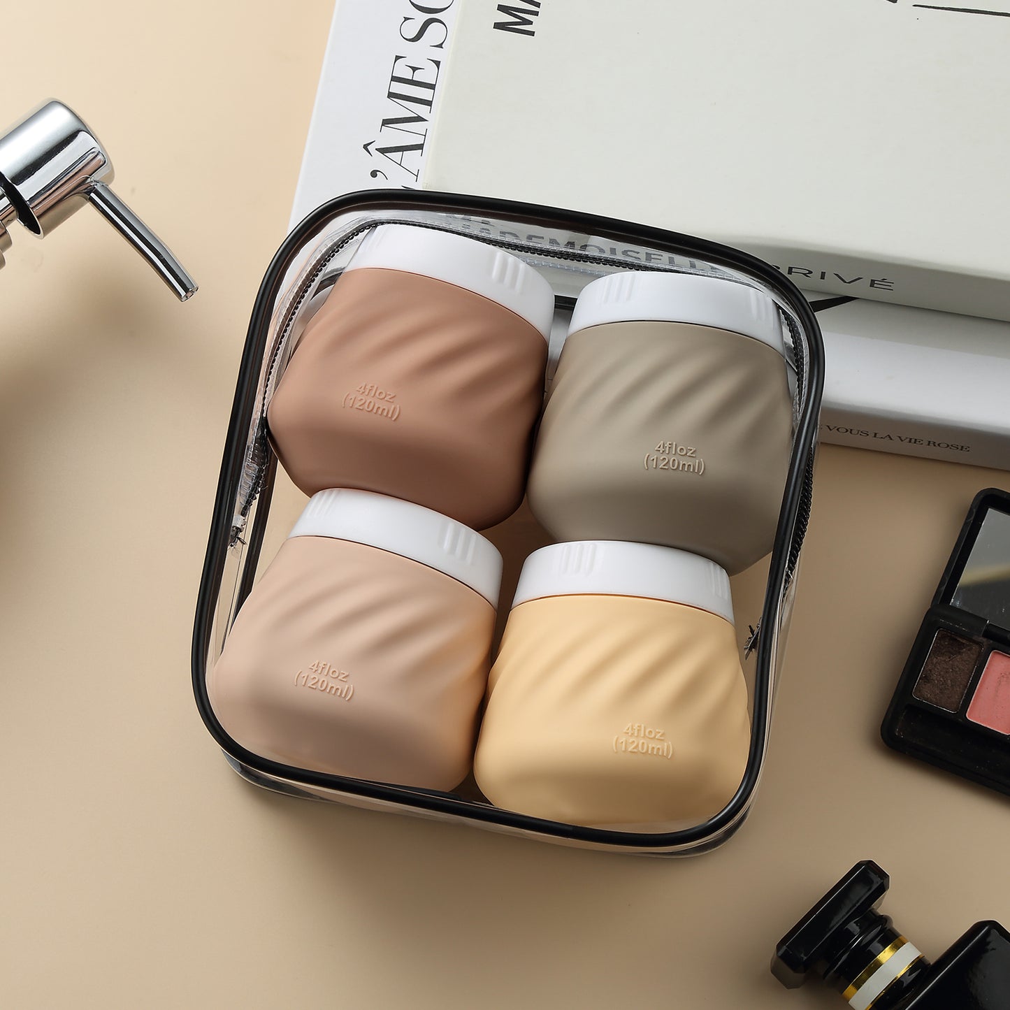 Mrsdry Travel Containers for Toiletries, Silicone Cream Jars TSA Approved Travel Size Containers with Clear Bag, Leak-proof Travel Accessories with Lid for Cosmetic Face Body Hand Cream (4 Pack)