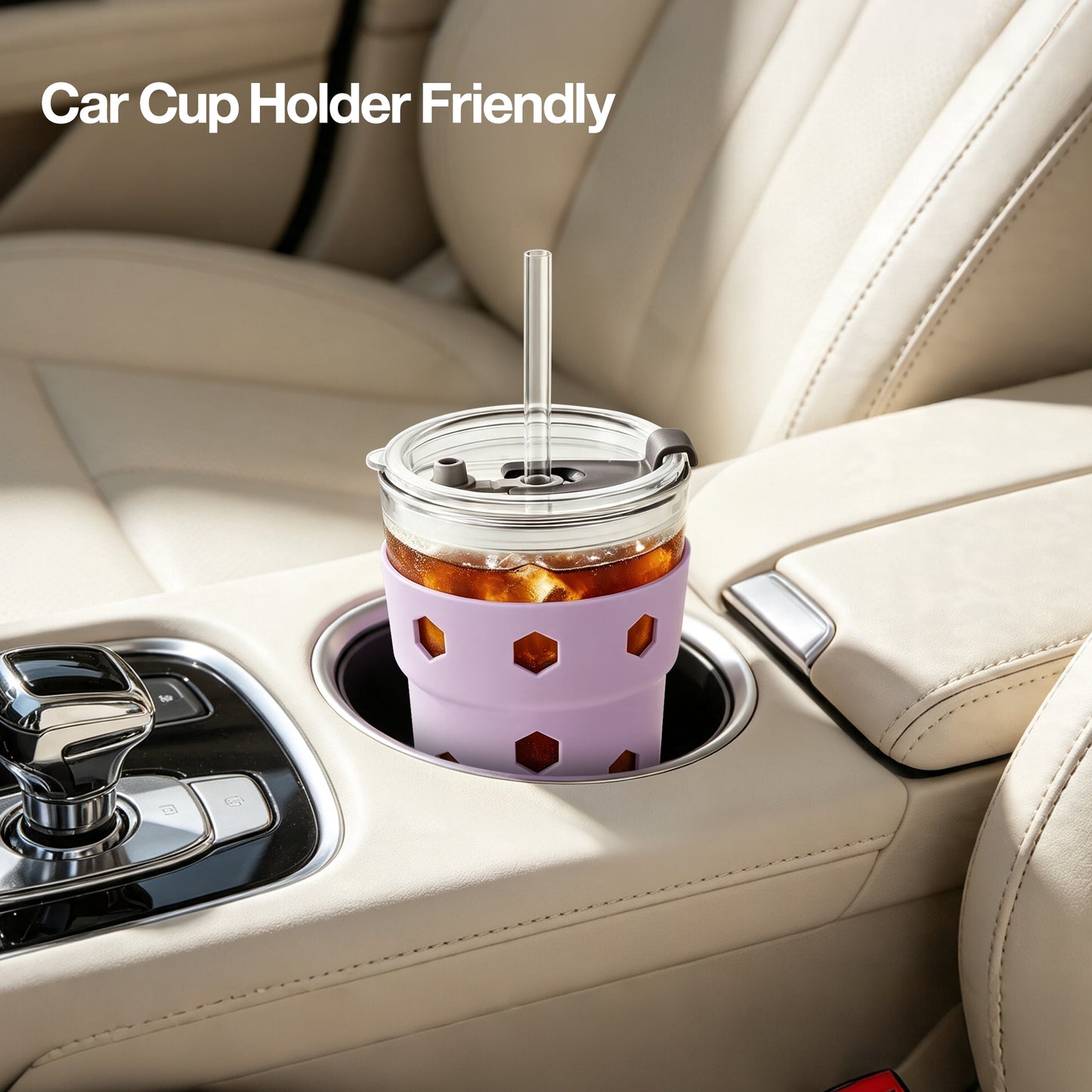 Mrsdry 12oz Iced Coffee Cup with Lids and Silicone Sleeves, Reusable Glass Tumbler with Straw, Leakproof Travel Glass Cups Fits Car Cup Holder for Cold and Hot Drinks