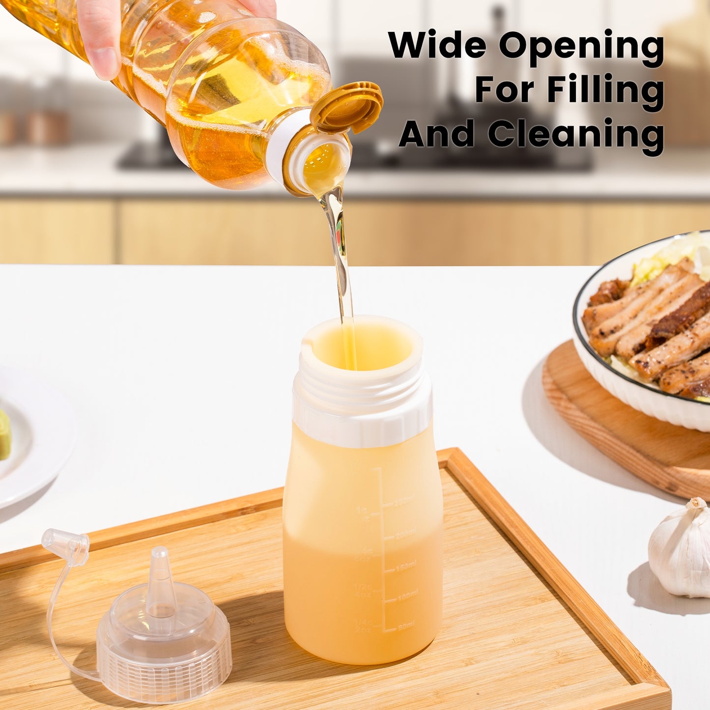 Mrsdry Condiment Squeeze Bottles, 12 oz Silicone Squeeze Bottles For Sauces, Leak Proof Condiment Container with Extra Interchangeable lid, Easy Squeeze for Oil, Honey & Dressings, BPA FREE (4 Pack)