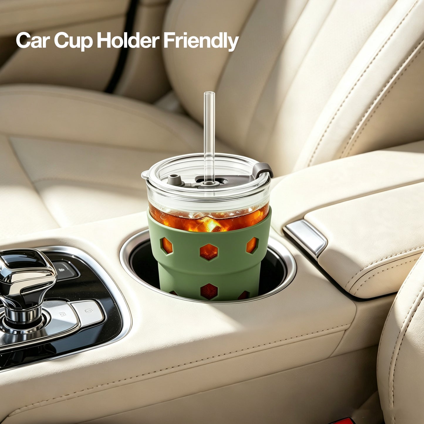 Mrsdry 12oz Iced Coffee Cup with Lids and Silicone Sleeves, Reusable Glass Tumbler with Straw, Leakproof Travel Glass Cups Fits Car Cup Holder for Cold and Hot Drinks