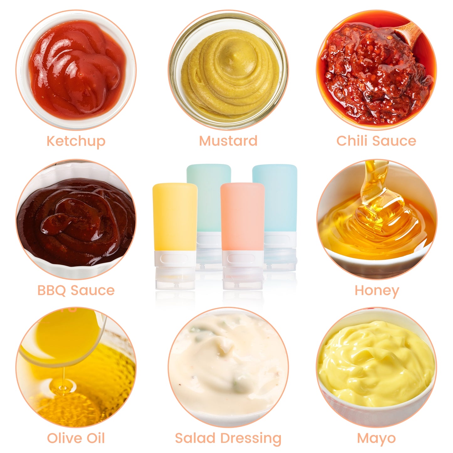 Mrsdry Small Condiment Squeeze Bottles, 2-oz Leakproof Silicone Salad Dressing Container to Go, Sauces Bottle for Bento Lunch Box, 4-pack, Candies