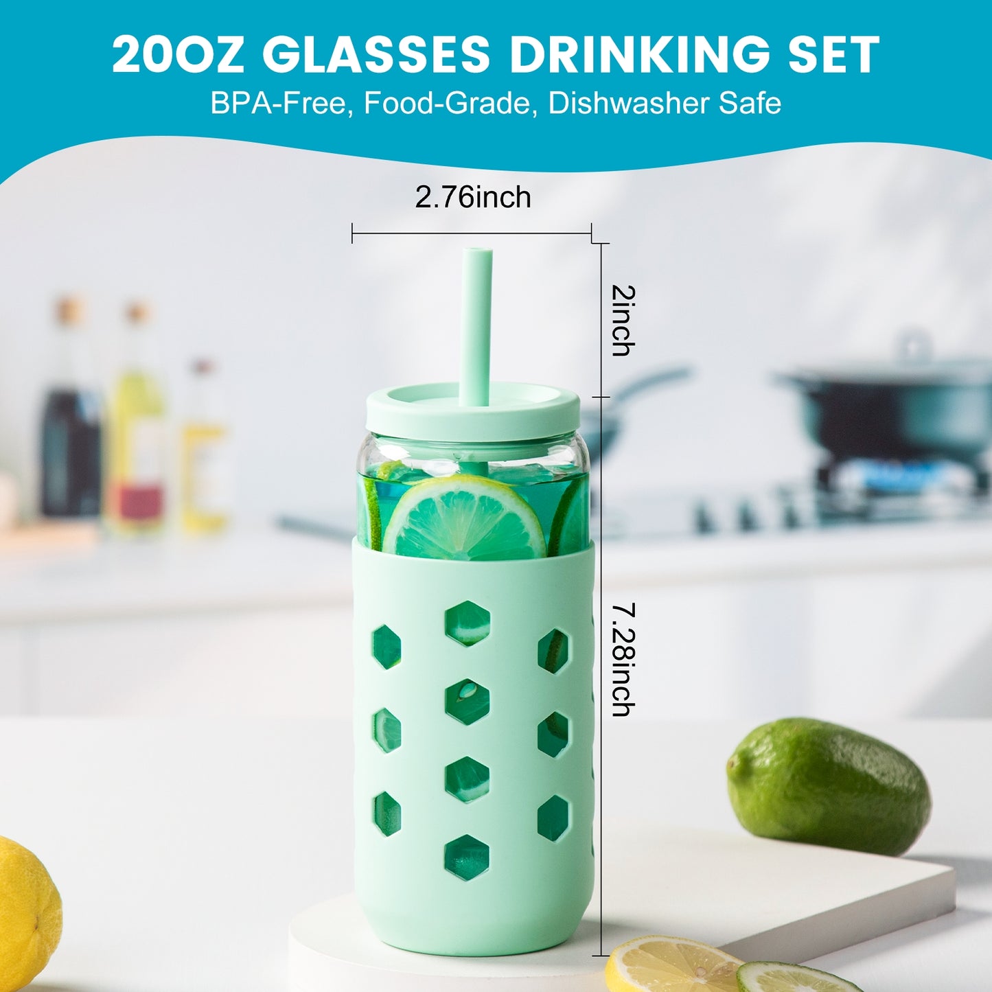 Mrsdry Glass Cups with Silicone Lids and Straws (4 Pcs), 20oz Drinking Glasses Set with Silicone Sleeves for Coffee Bar Accessories Iced Coffee Cups with Lids, Glass Tumbler Reusable for Gifts