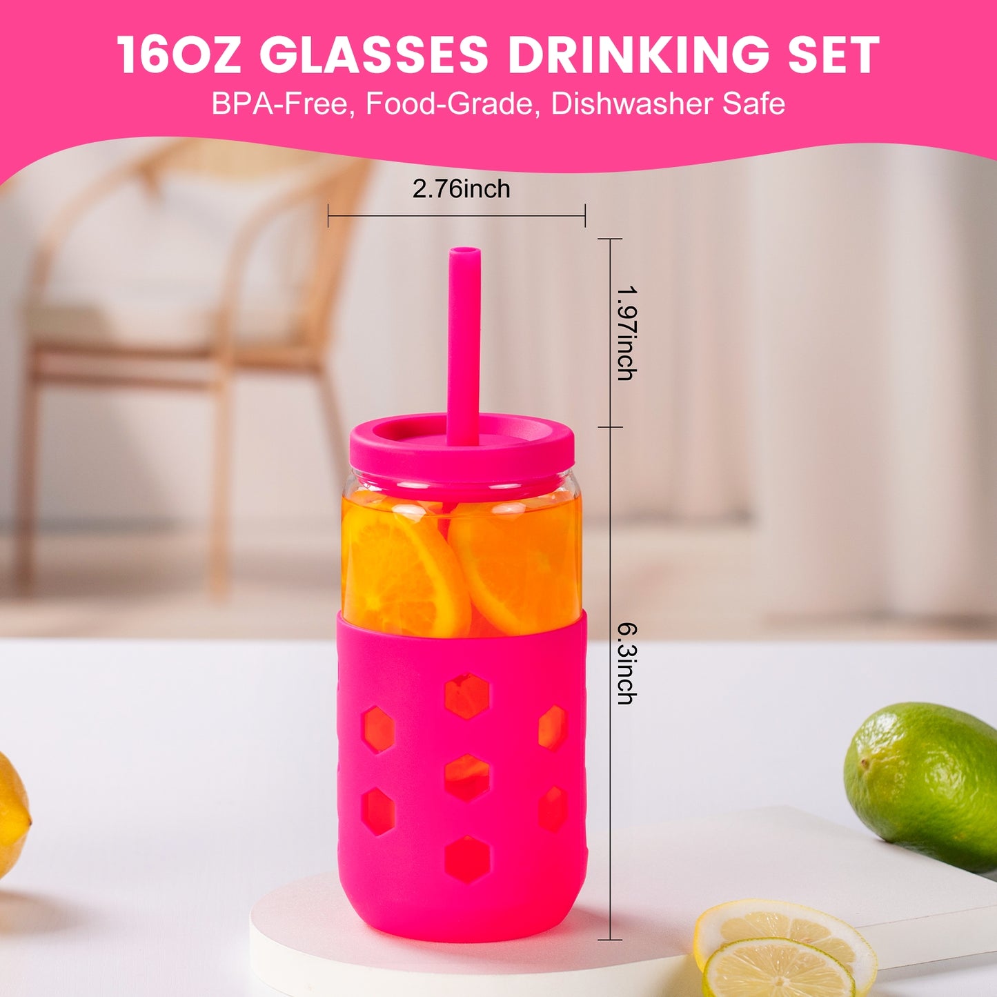 Mrsdry Glass Cups with Silicone Lids and Straws (4 Pcs), 16oz Drinking Glasses Set with Silicone Sleeves for Coffee Bar Accessories Iced Coffee Cups with Lids, Glass Tumbler Reusable for Gifts
