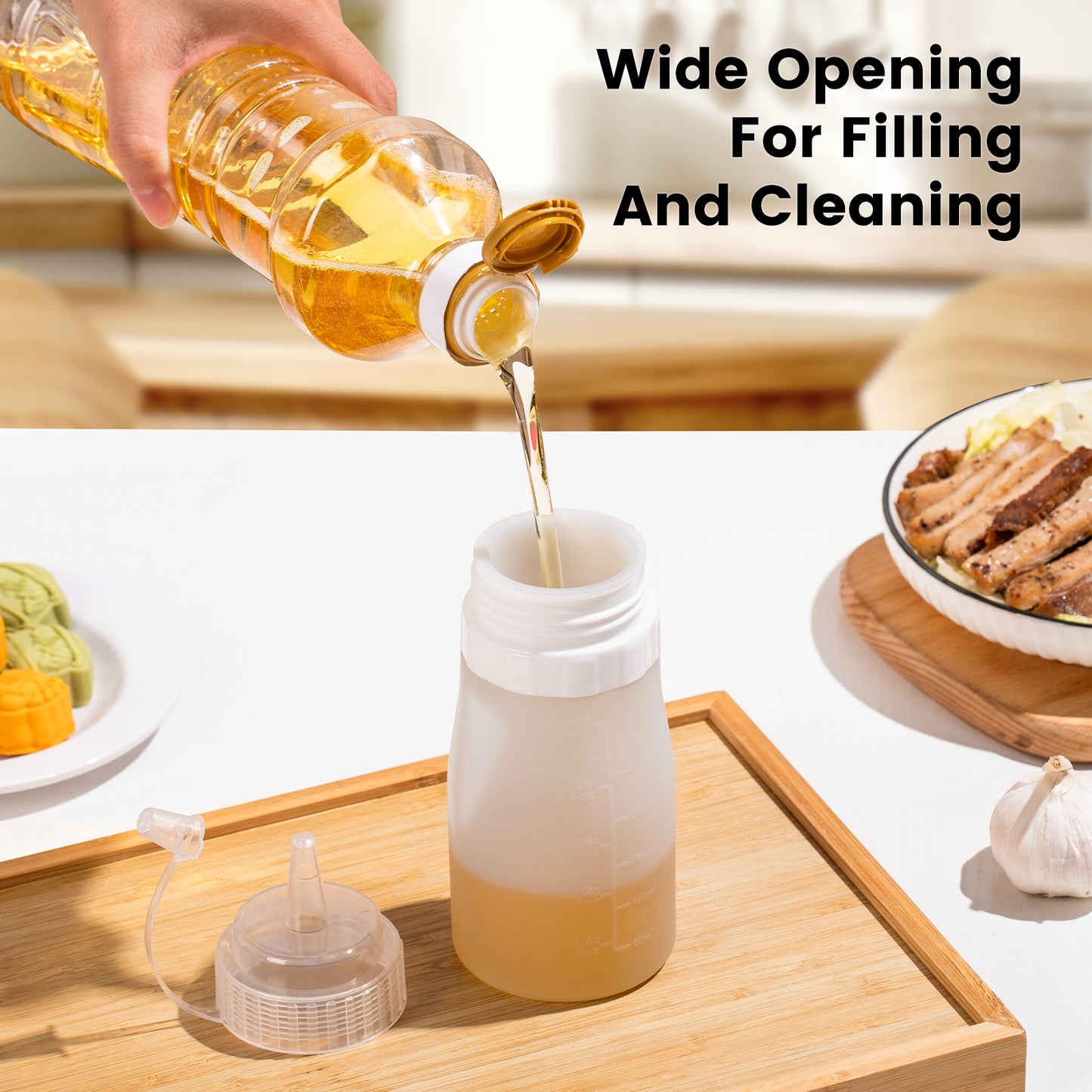 Mrsdry Condiment Squeeze Bottles, 12 oz Silicone Squeeze Bottles For Sauces, Leak Proof Condiment Container with Extra Interchangeable lid, Easy Squeeze for Oil, Honey & Dressings, BPA FREE (4 Pack)