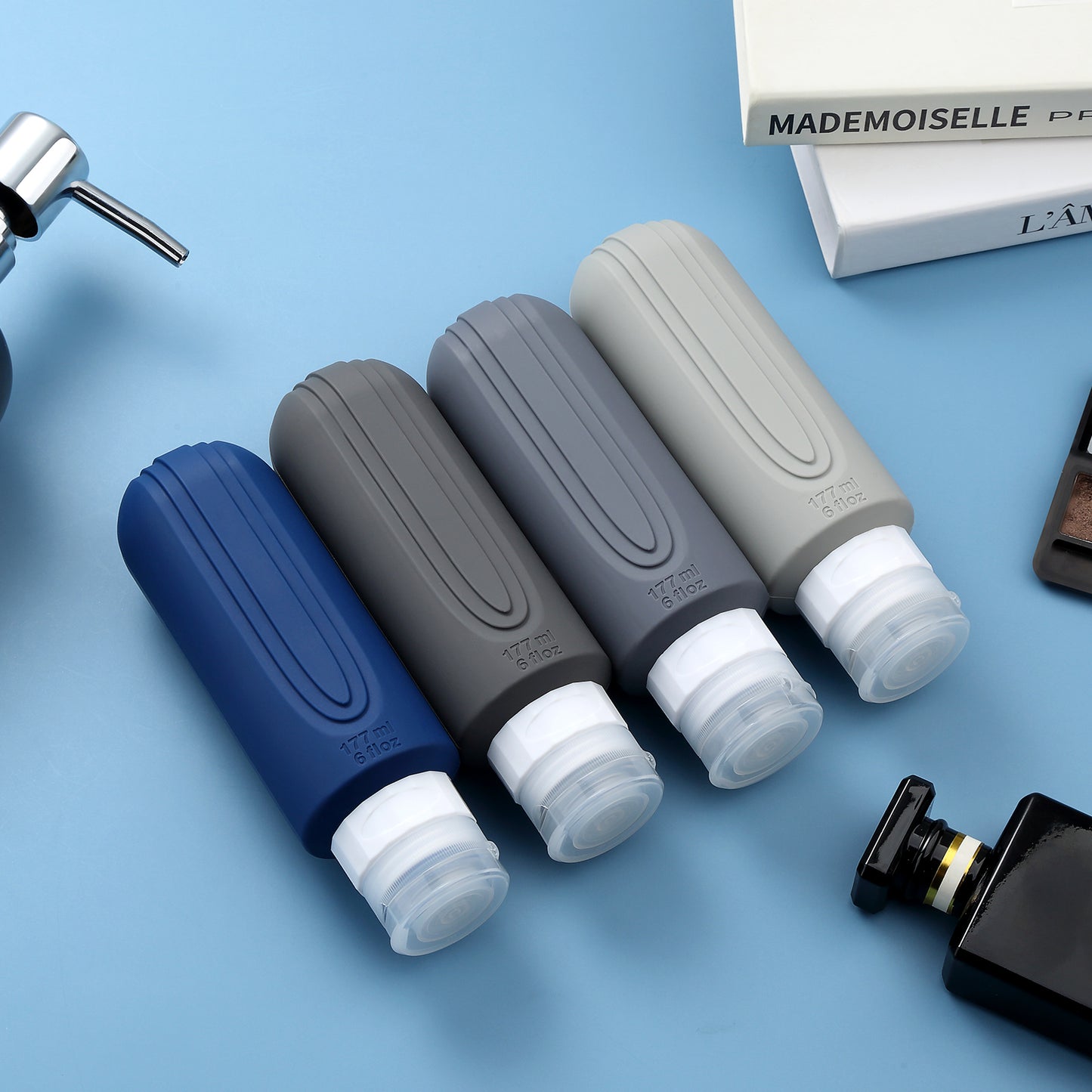 Mrsdry Travel Bottles for Toiletries, Large 6oz Oversize Containers, BPA Free Leak Proof Tubs Refillable Liquid Travel Accessories with Toiletry Bag for Cometic Shampoo and Lotion Soap (4 Pack)