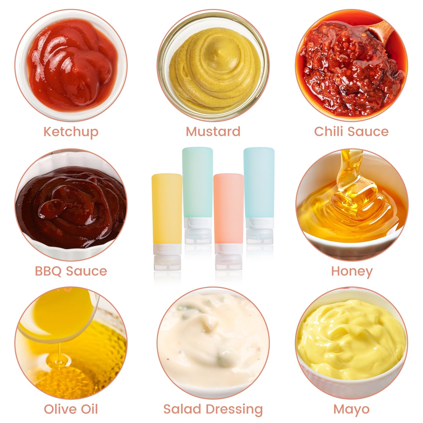 Mrsdry Condiment Squeeze Bottles for Sauces, 3-oz Mini Silicone Salad Dressing Container to Go with Reusable Sandwich Bag, Leakproof Sauce Bottle for Bento Lunch Box, 4 Pack, Candies