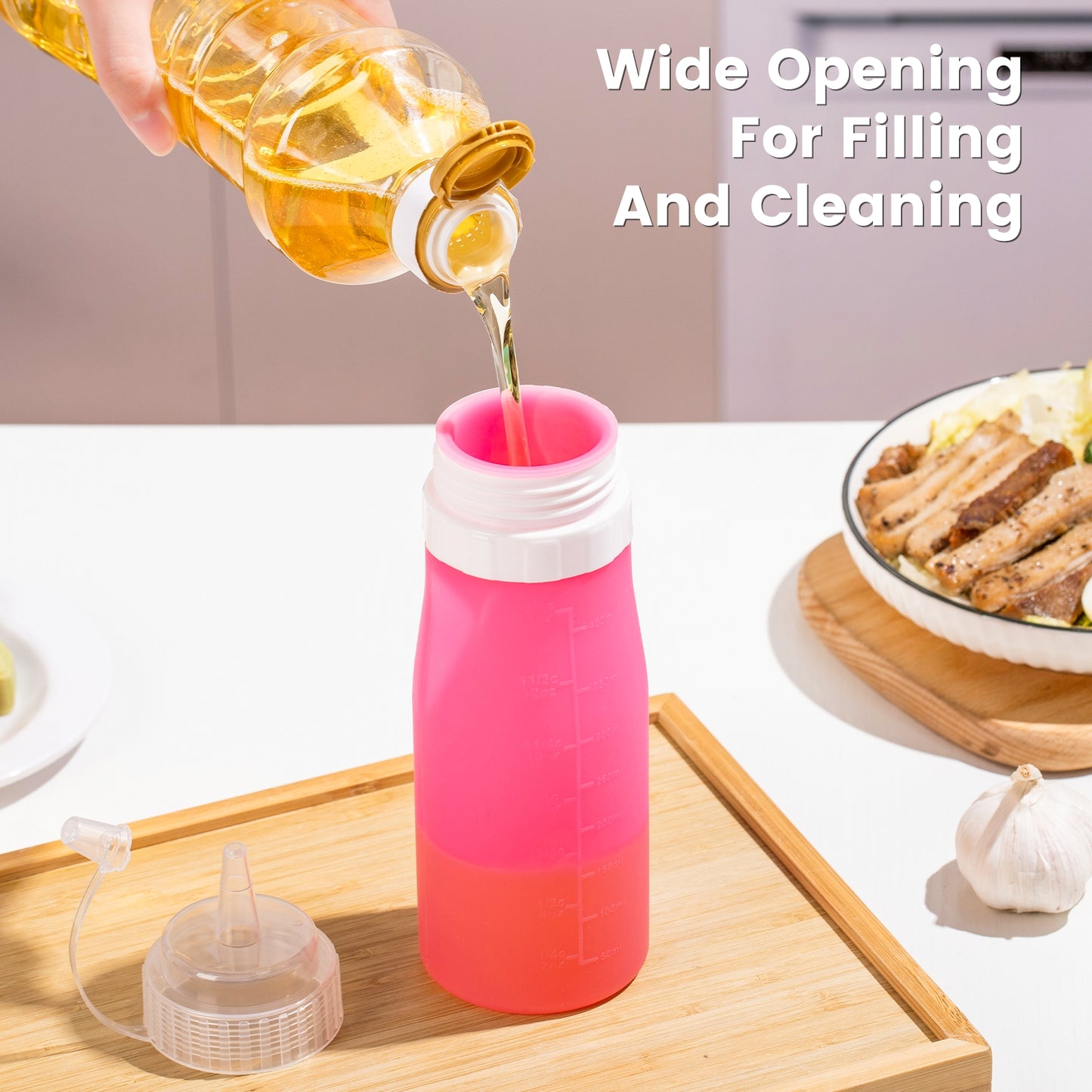 Mrsdry Condiment Squeeze Bottles, 16 oz Silicone Squeeze Bottles For Sauces, Leak Proof Condiment Containers with Extra Interchangeable lid, Easy Squeeze for Oil, Honey & Dressings, BPA FREE (4 Pack)