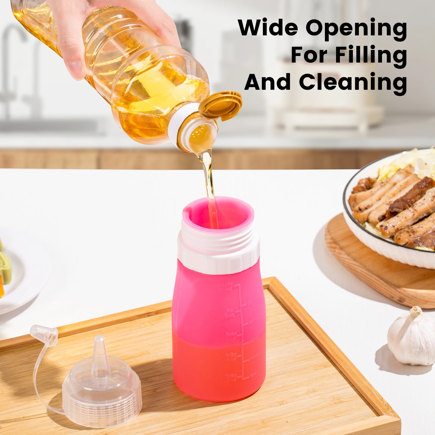 Mrsdry Condiment Squeeze Bottles, 12 oz Silicone Squeeze Bottles For Sauces, Leak Proof Condiment Container with Extra Interchangeable lid, Easy Squeeze for Oil, Honey & Dressings, BPA FREE (4 Pack)