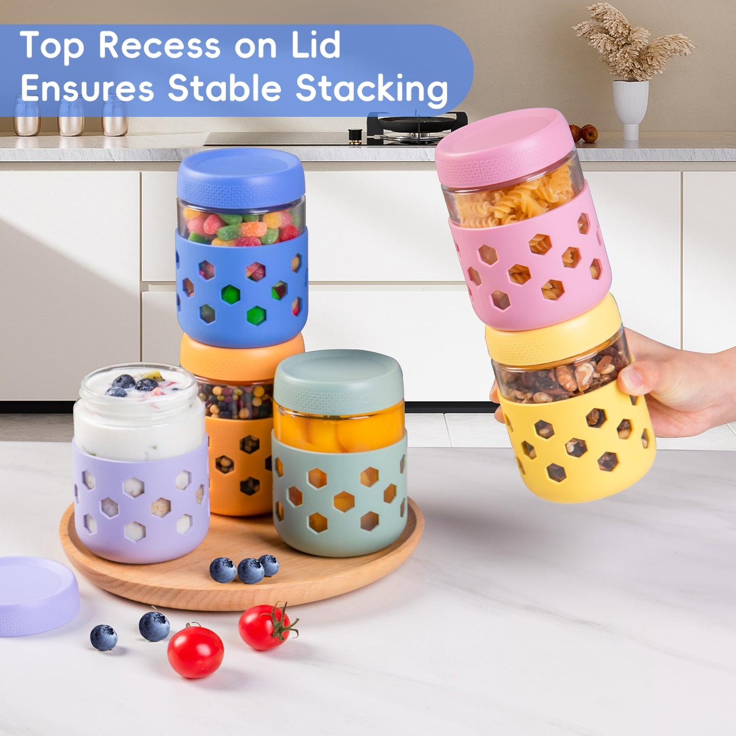 Mrsdry 6-Pack 16 oz Glass Mason Jars with Silicone Sleeves, Airtight BPA-Free Overnight Oats Containers with Lids, Dishwasher Safe Leak-Proof Meal Prep Jars for Chia Pudding, Yogurt, Snacks