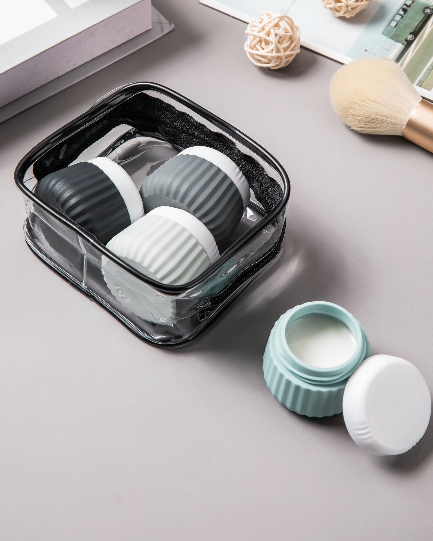 Mrsdry Travel Containers for Toiletries 4 Pack, TSA Approved Travel Size Toiletries, Portable Size Containers, With Clear Bag Leak Proof Silicone Jars, Essentials Creams Jars Carrying Small Items