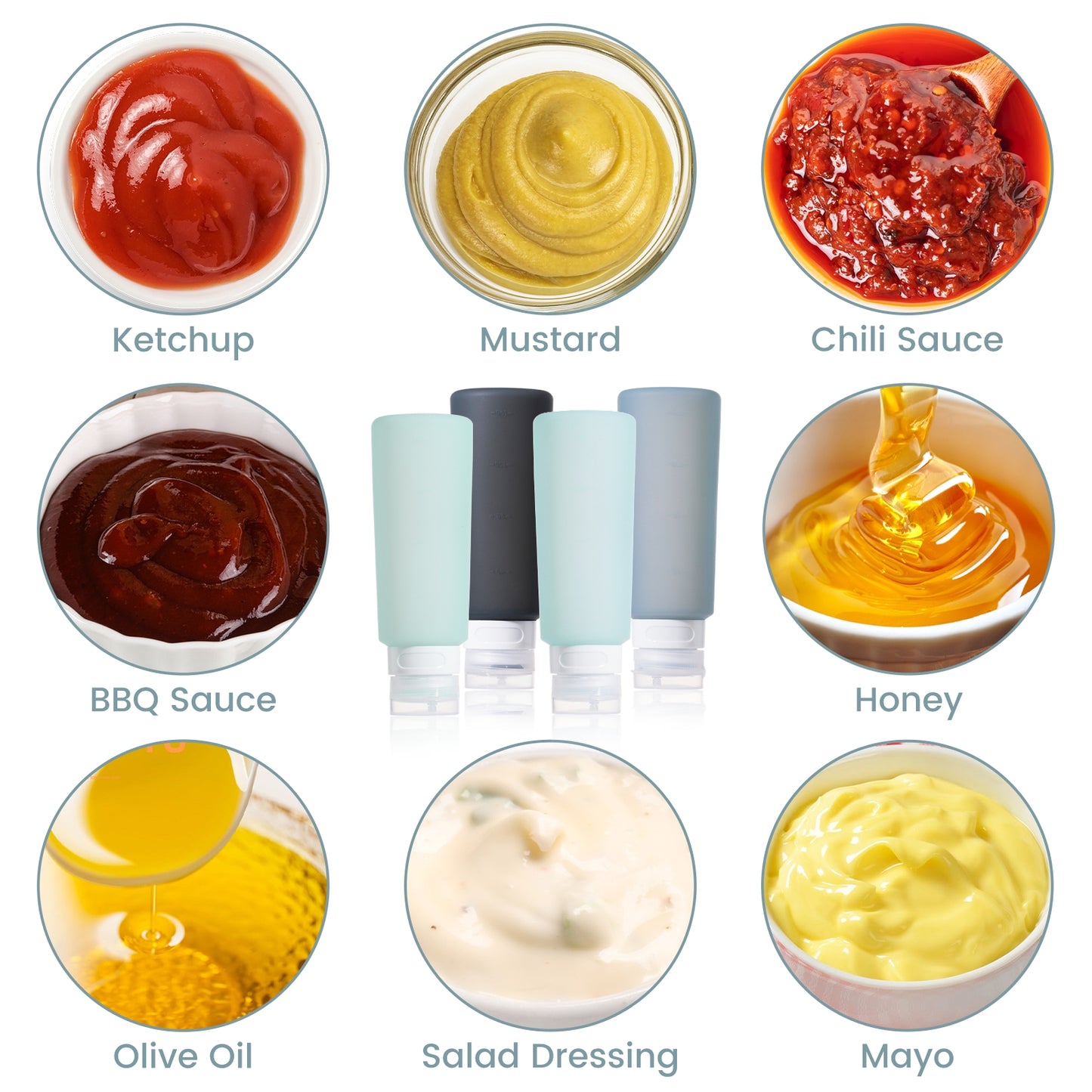 Mrsdry Condiment Squeeze Bottles for Sauces, 6-oz Mini Silicone Salad Dressing Container to Go with Reusable Sandwich Bag, Leakproof Sauce Bottle for Lunch Box, 4 Pack, Gray