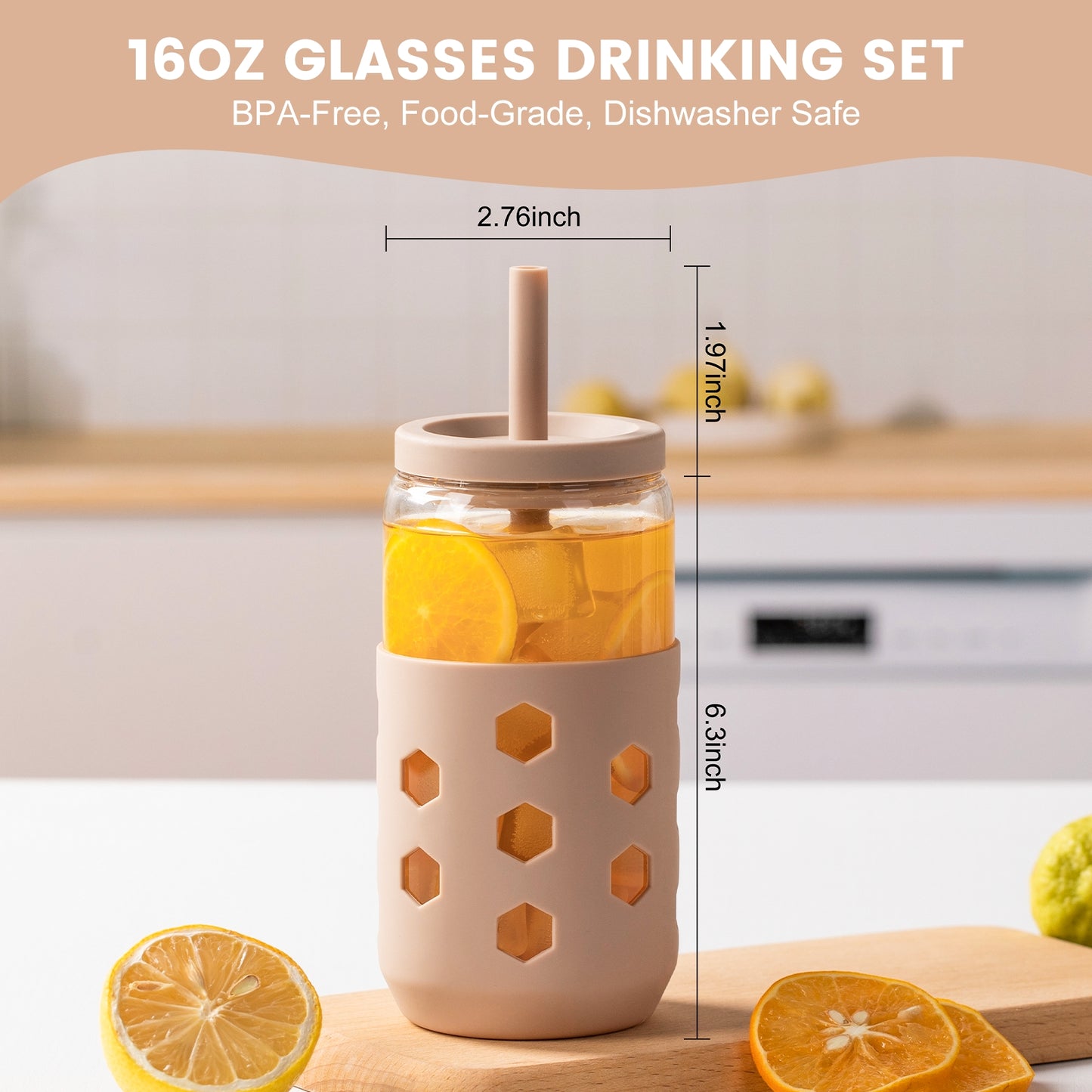 Mrsdry Glass Cups with Silicone Lids and Straws (4 Pcs), 16oz Drinking Glasses Set with Silicone Sleeves for Coffee Bar Accessories Iced Coffee Cups with Lids, Glass Tumbler Reusable for Gifts