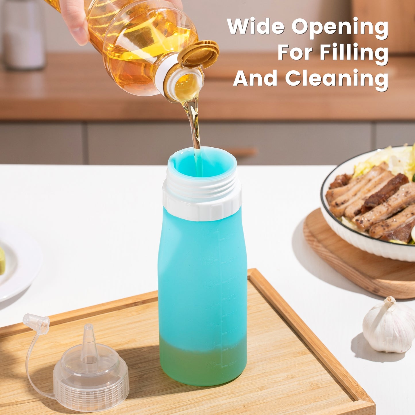 Mrsdry Condiment Squeeze Bottles, 16 oz Silicone Squeeze Bottles For Sauces, Leak Proof Condiment Containers with Extra Interchangeable lid, Easy Squeeze for Oil, Honey & Dressings, BPA FREE (4 Pack)