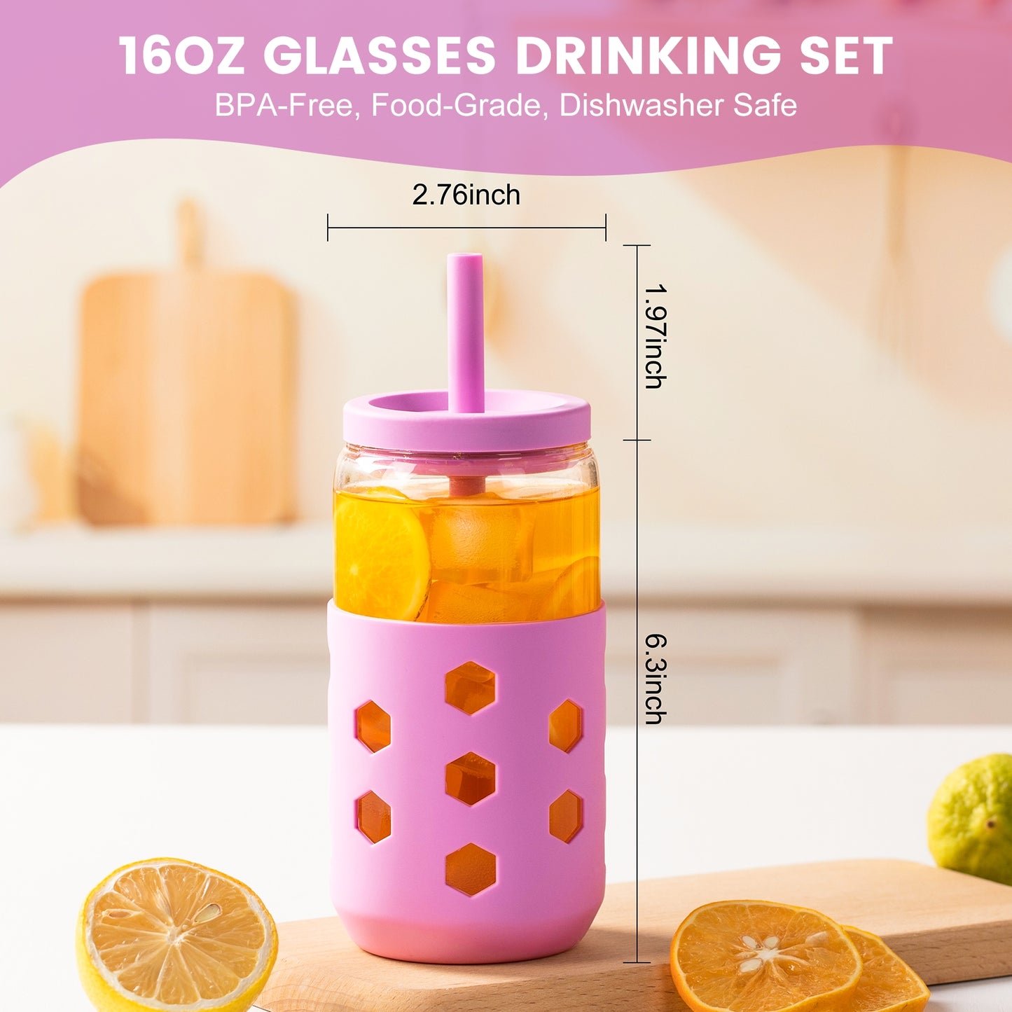 Mrsdry Glass Cups with Silicone Lids and Straws (4 Pcs), 16oz Drinking Glasses Set with Silicone Sleeves for Coffee Bar Accessories Iced Coffee Cups with Lids, Glass Tumbler Reusable for Gifts