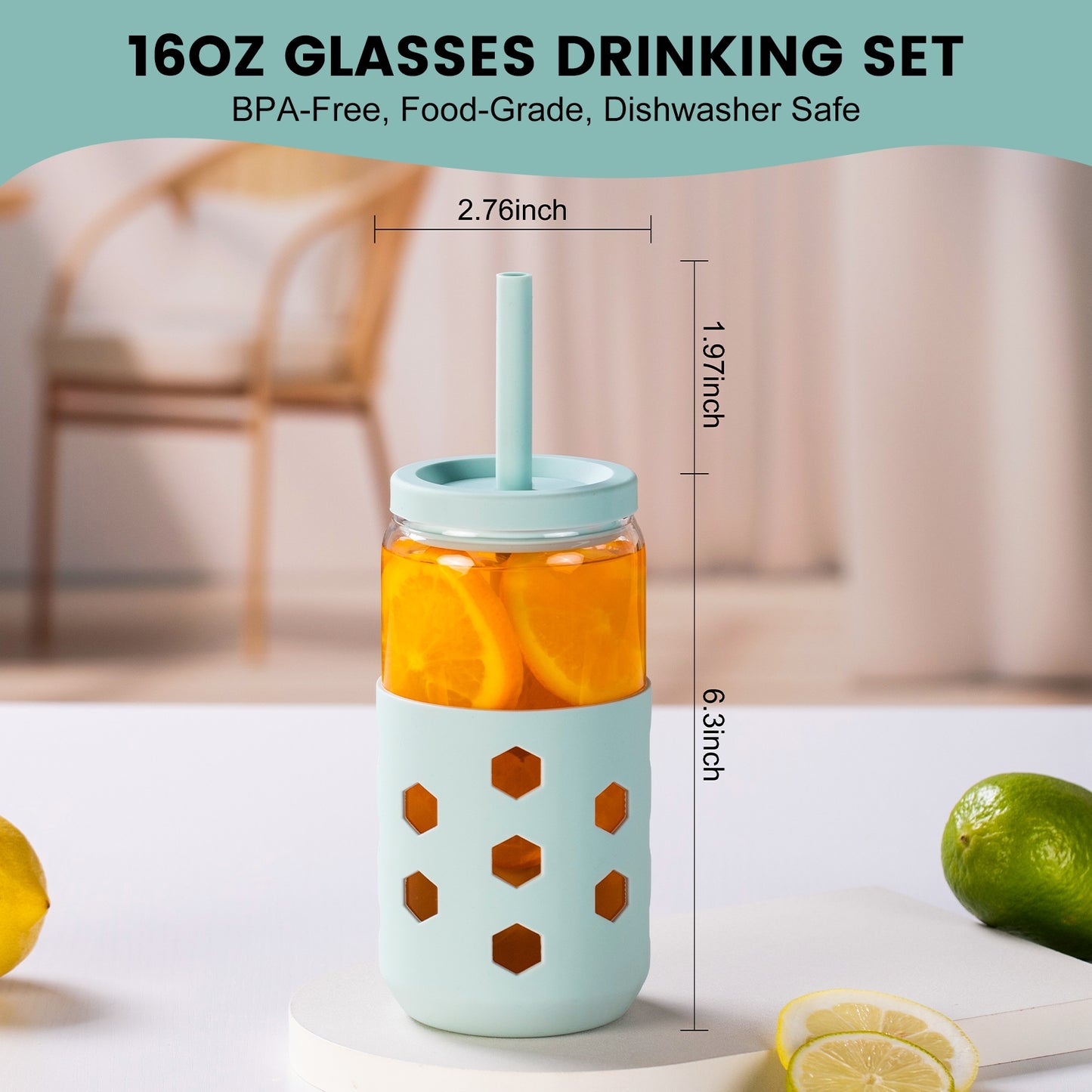 Mrsdry Glass Cups with Silicone Lids and Straws (4 Pcs), 16oz Drinking Glasses Set with Silicone Sleeves for Coffee Bar Accessories Iced Coffee Cups with Lids, Glass Tumbler Reusable for Gifts