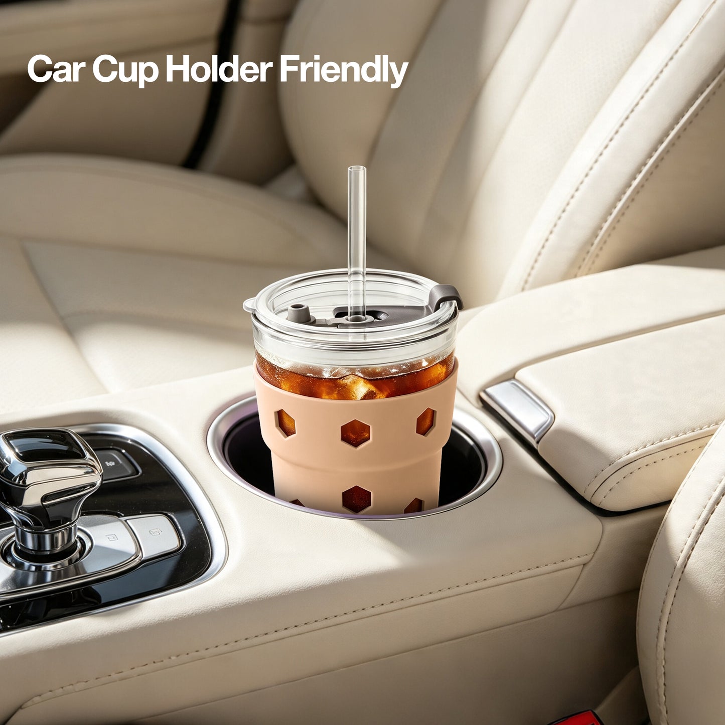 Mrsdry 12oz Iced Coffee Cup with Lids and Silicone Sleeves, Reusable Glass Tumbler with Straw, Leakproof Travel Glass Cups Fits Car Cup Holder for Cold and Hot Drinks
