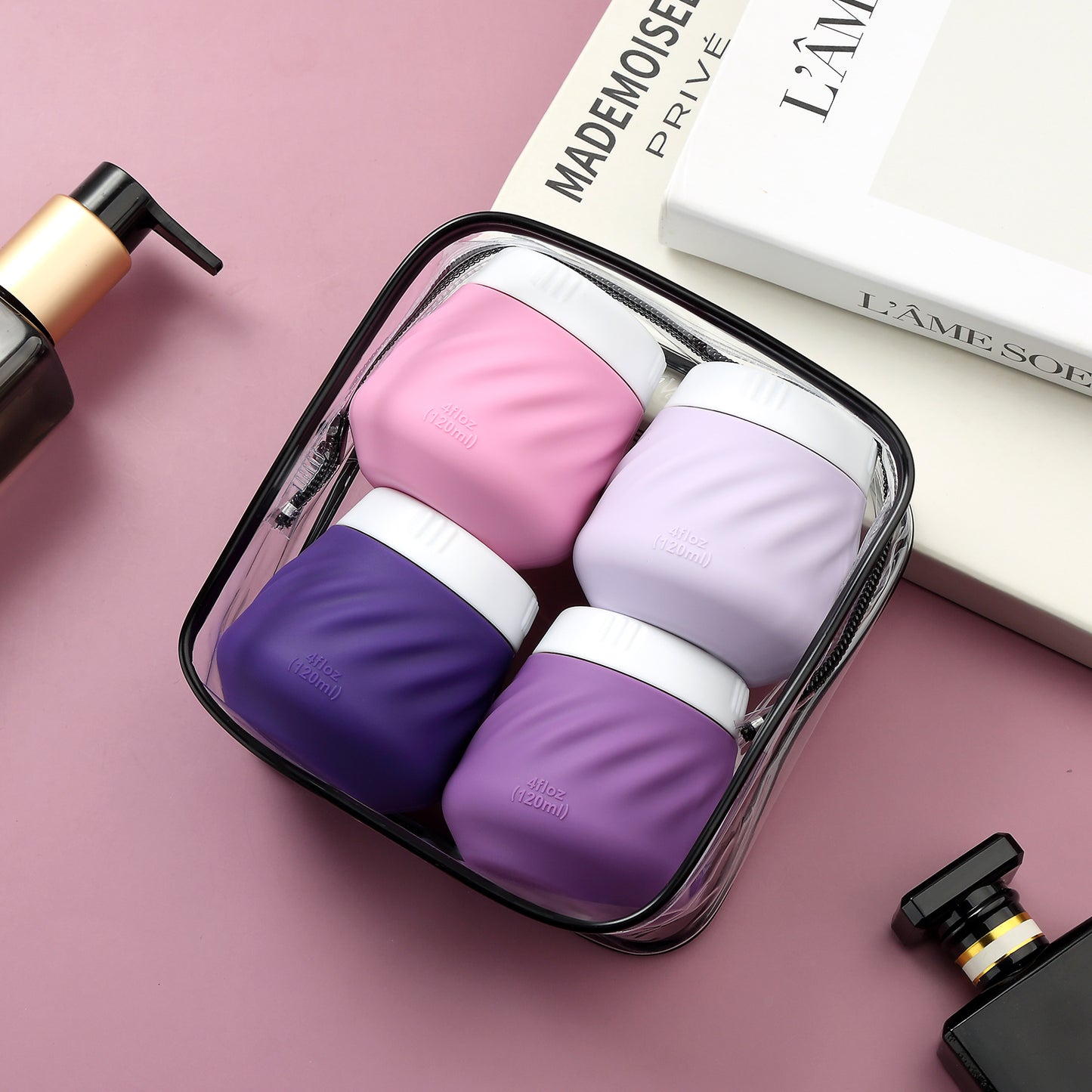 Mrsdry Travel Containers for Toiletries, Silicone Cream Jars TSA Approved Travel Size Containers with Clear Bag, Leak-proof Travel Accessories with Lid for Cosmetic Face Body Hand Cream (4 Pack)