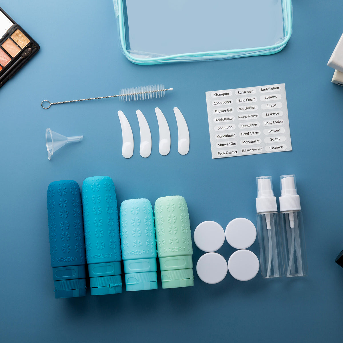 Mrsdry Travel Size Toiletries, TSA Approved Silicone Travel Containers for Toiletries, Leak Proof Refillable Liqus Shampoo And Conditioner travel Essentials toiletry Bottles (18 Pack)