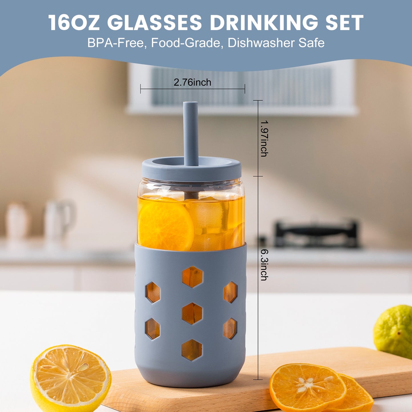Mrsdry Glass Cups with Silicone Lids and Straws (4 Pcs), 16oz Drinking Glasses Set with Silicone Sleeves for Coffee Bar Accessories Iced Coffee Cups with Lids, Glass Tumbler Reusable for Gifts