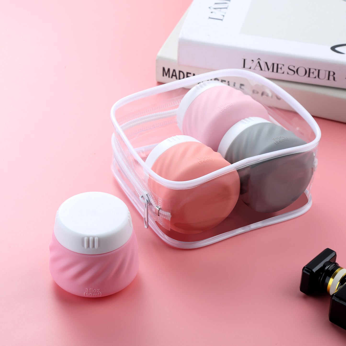 Mrsdry Travel Containers for Toiletries, Silicone Cream Jars TSA Approved Travel Size Containers with Clear Bag, Leak-proof Travel Accessories with Lid for Cosmetic Face Body Hand Cream (4 Pack)